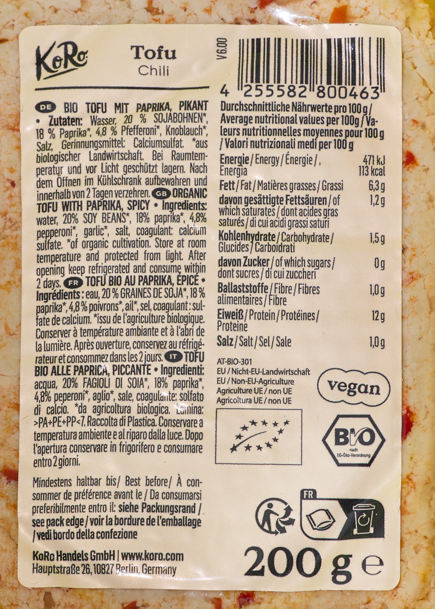 a close-up of a koro tofu chili product label showing ingredients, nutritional information, and organic and vegan certifications.