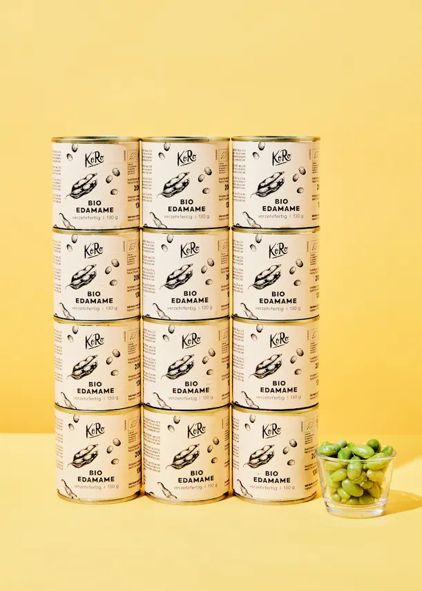 12 cans of bio edamame are stacked on top of each other