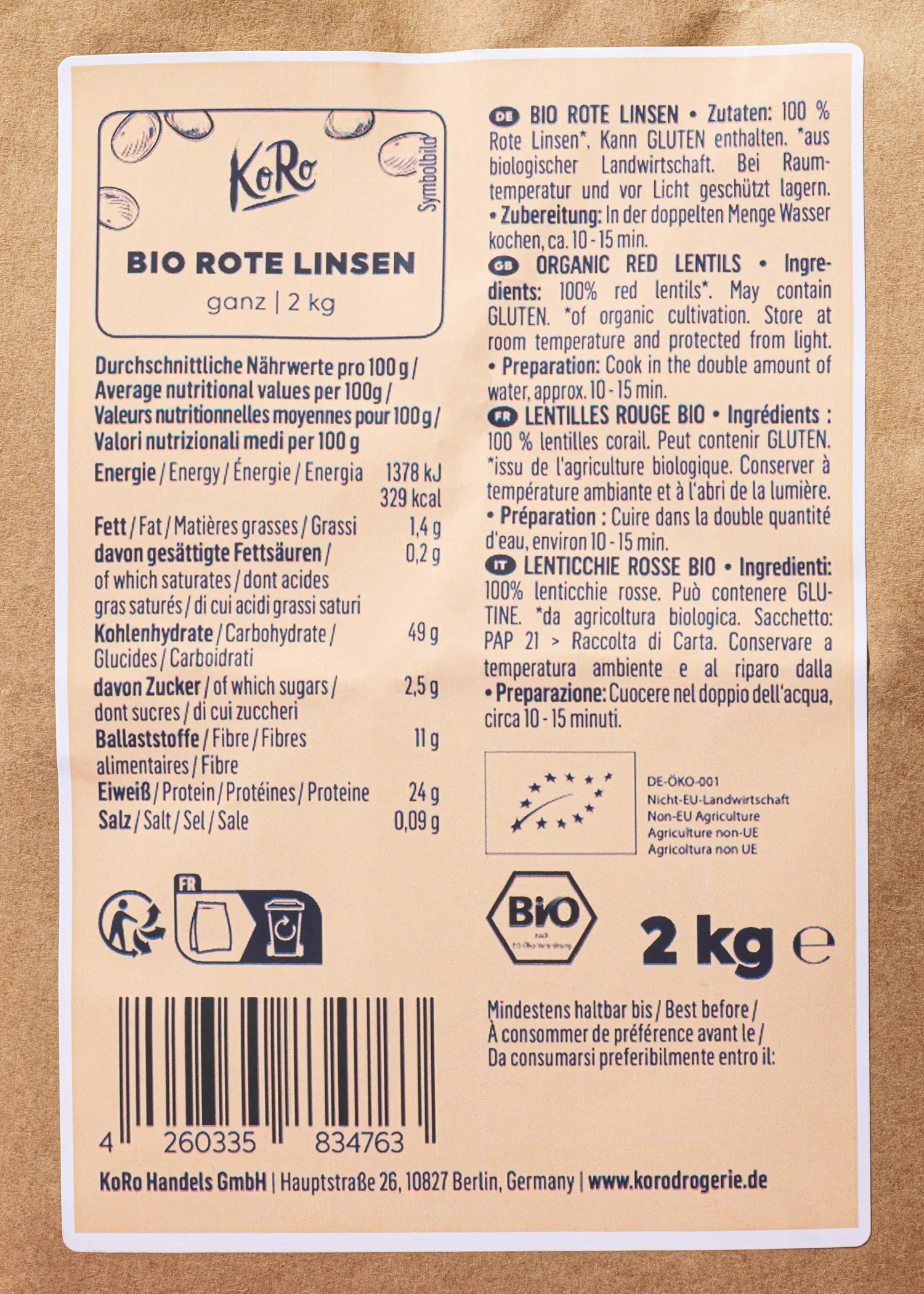 l' arrière d' une boîte de lentilles rouges bio de 2 kg