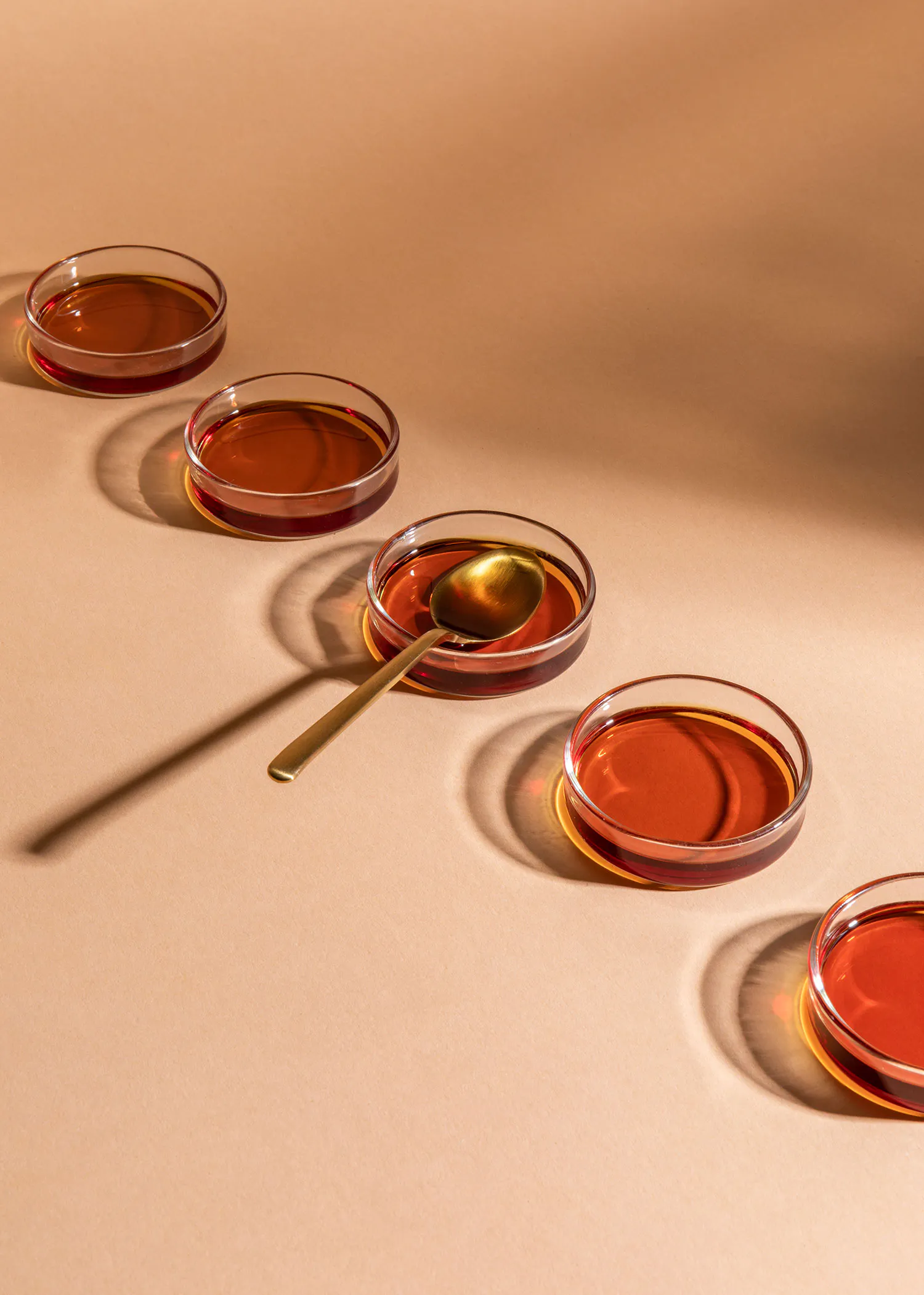 a spoon sits in a petri dish next to four other petri dishes
