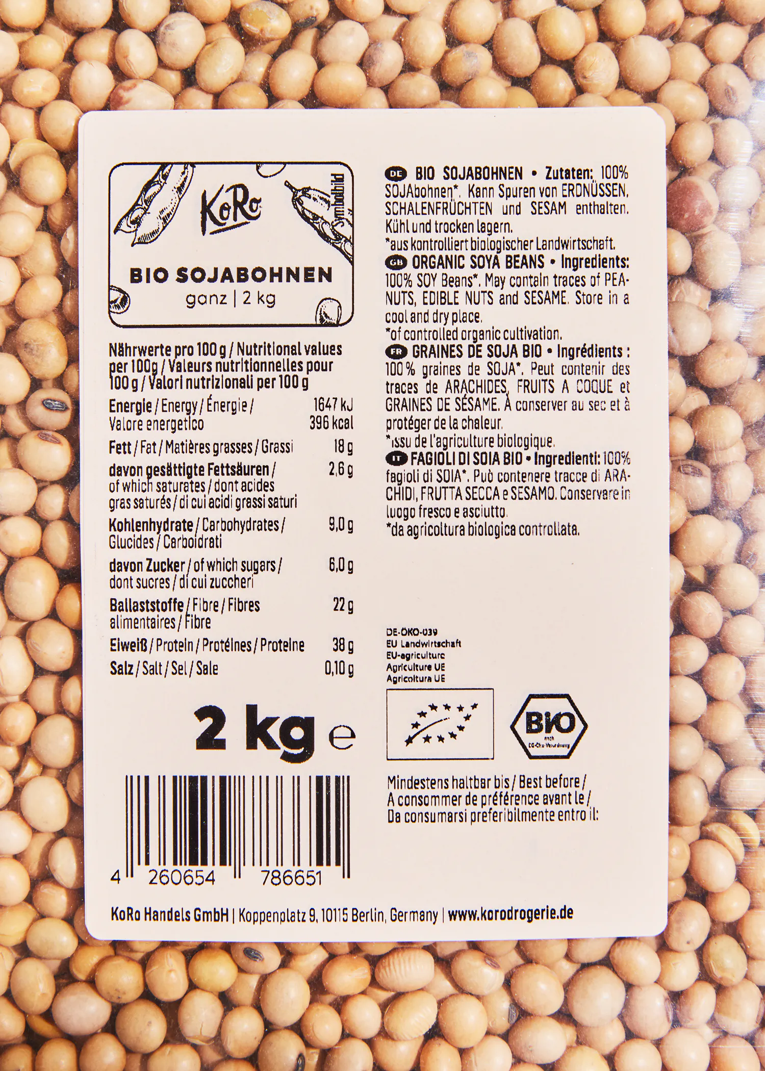 die Rückseite eines Bio-Sojabohnen-Behälters