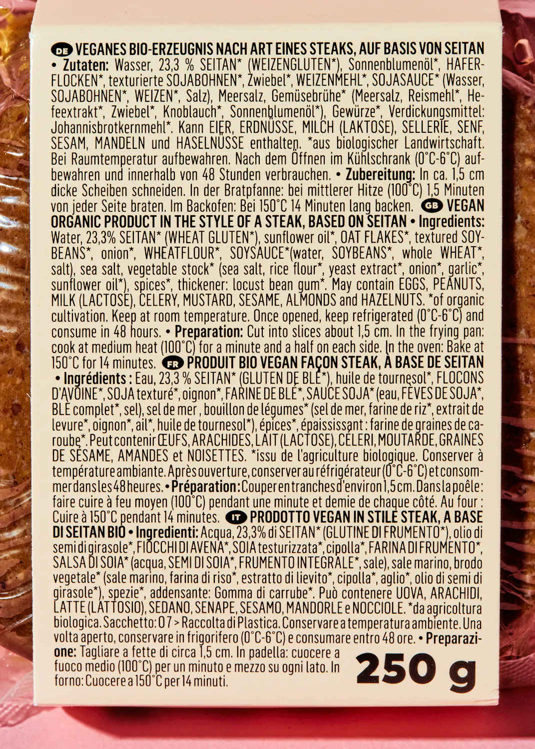 the back of a 250 g package of seitan