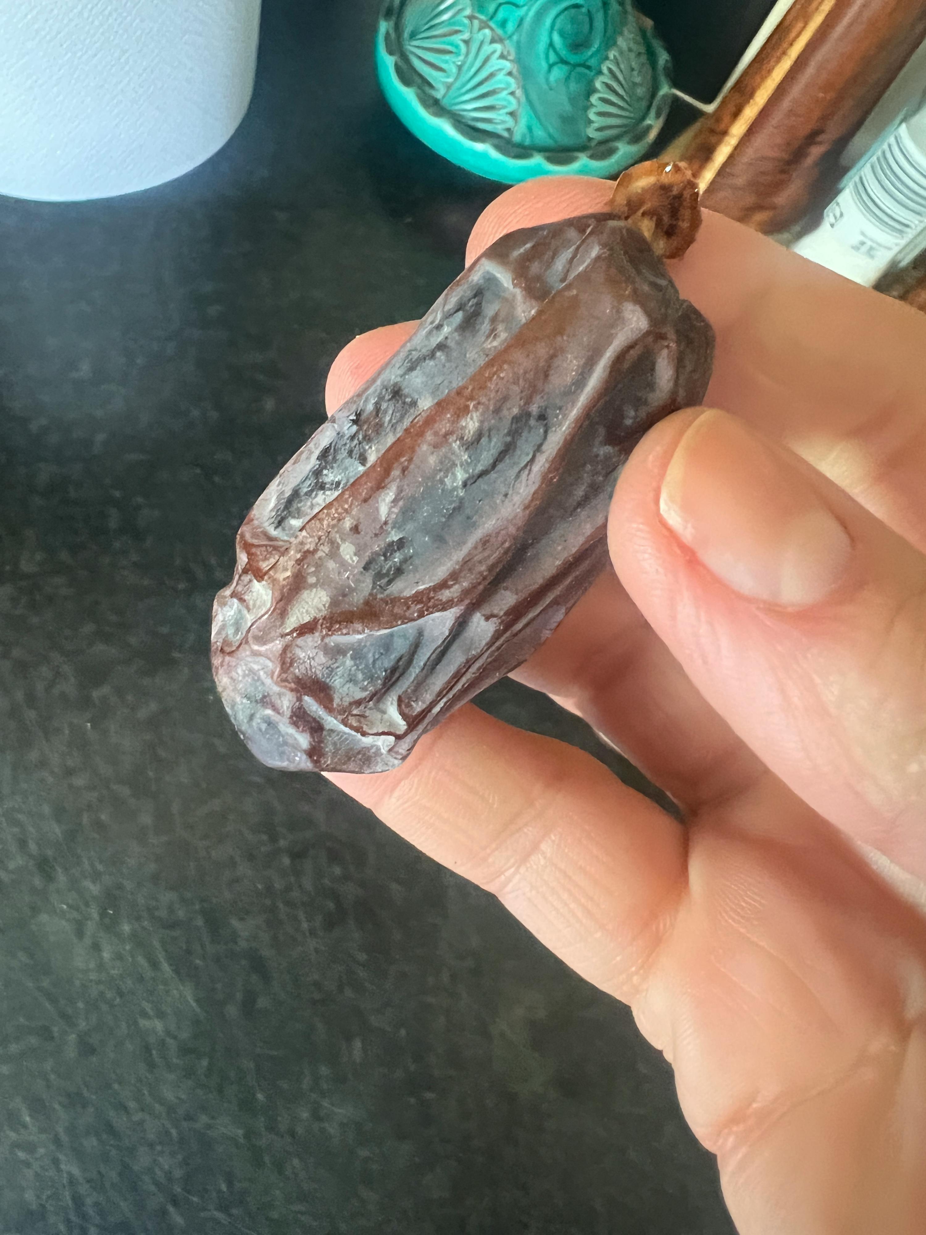 un primo piano di una persona che tiene in mano un frutto marrone