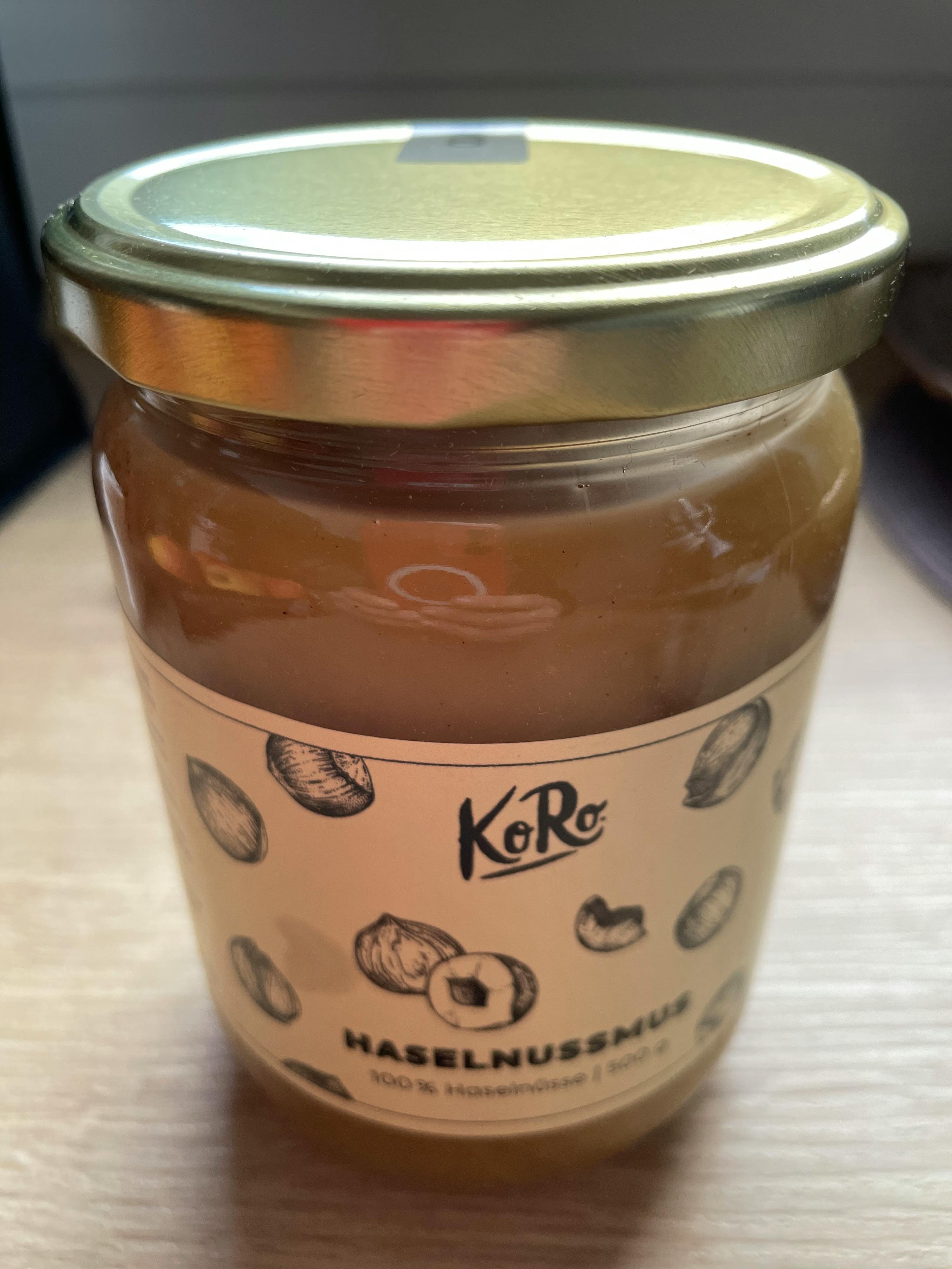 a jar of hazelnut spread with the word koro on the label