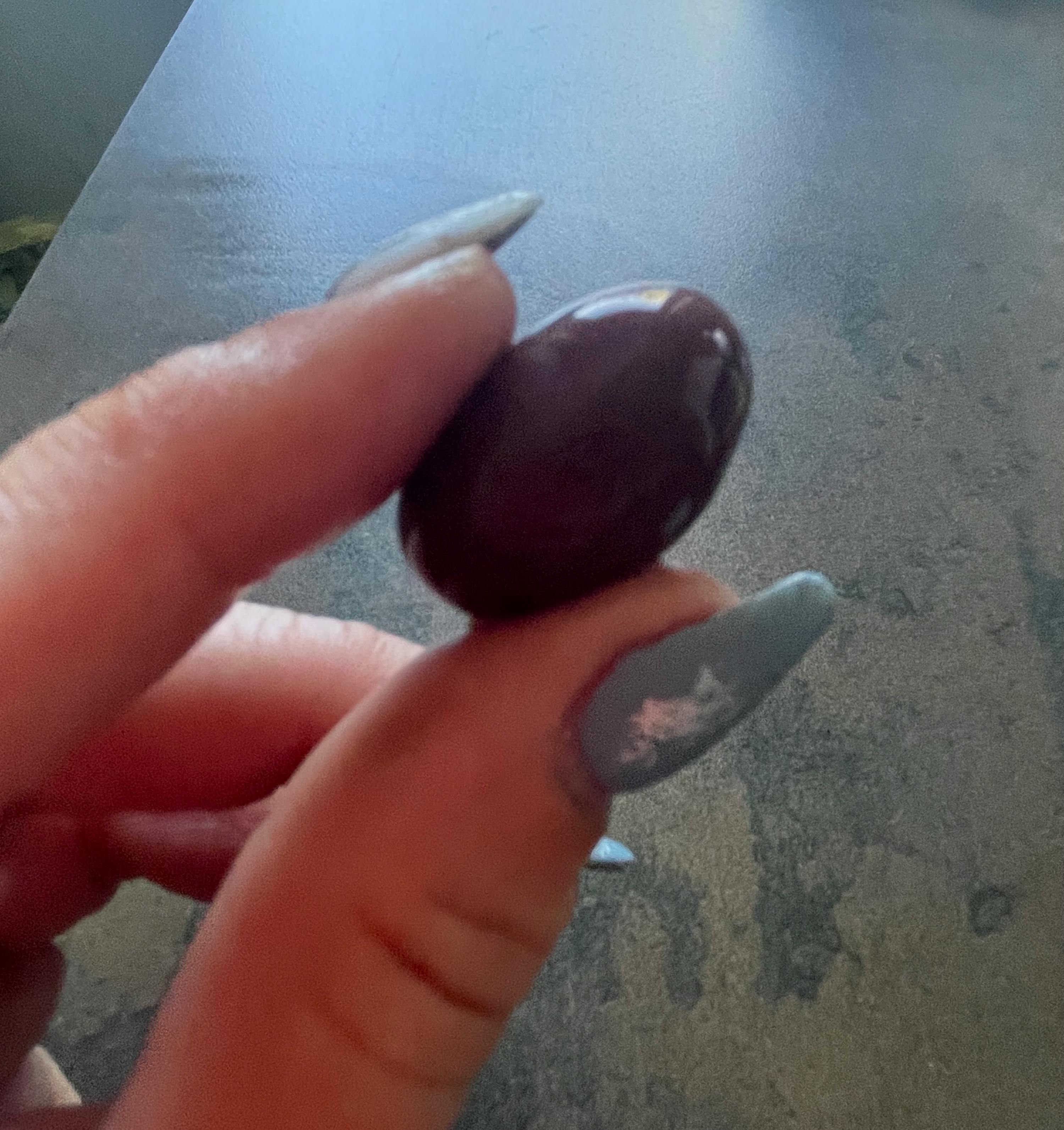 eine Frau mit langen Nägeln hält einen braunen Stein in ihren Händen