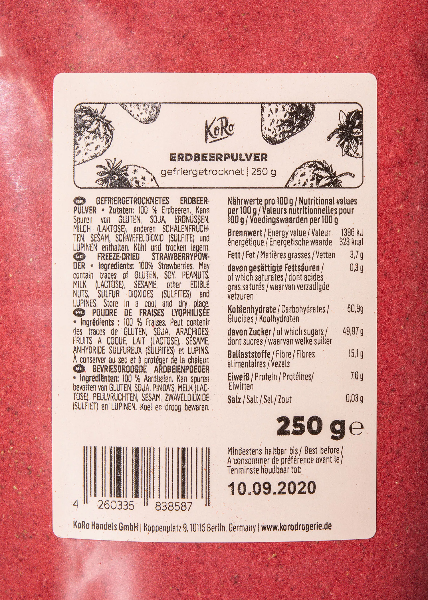 l' arrière d' un sac de 250 g de poudre de fraise