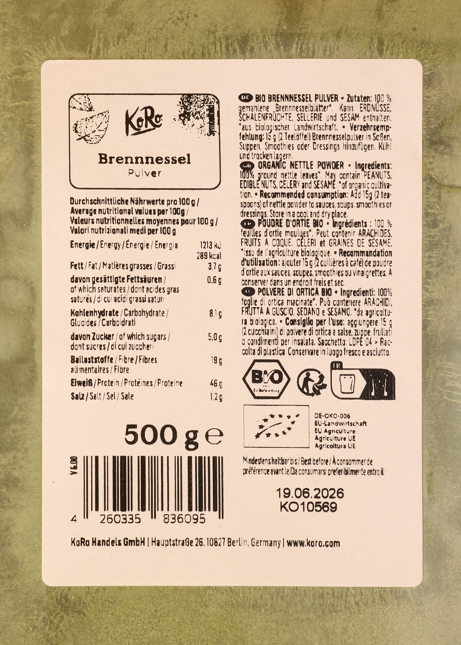 l' arrière d' une boîte de 500 g de poudre de graines