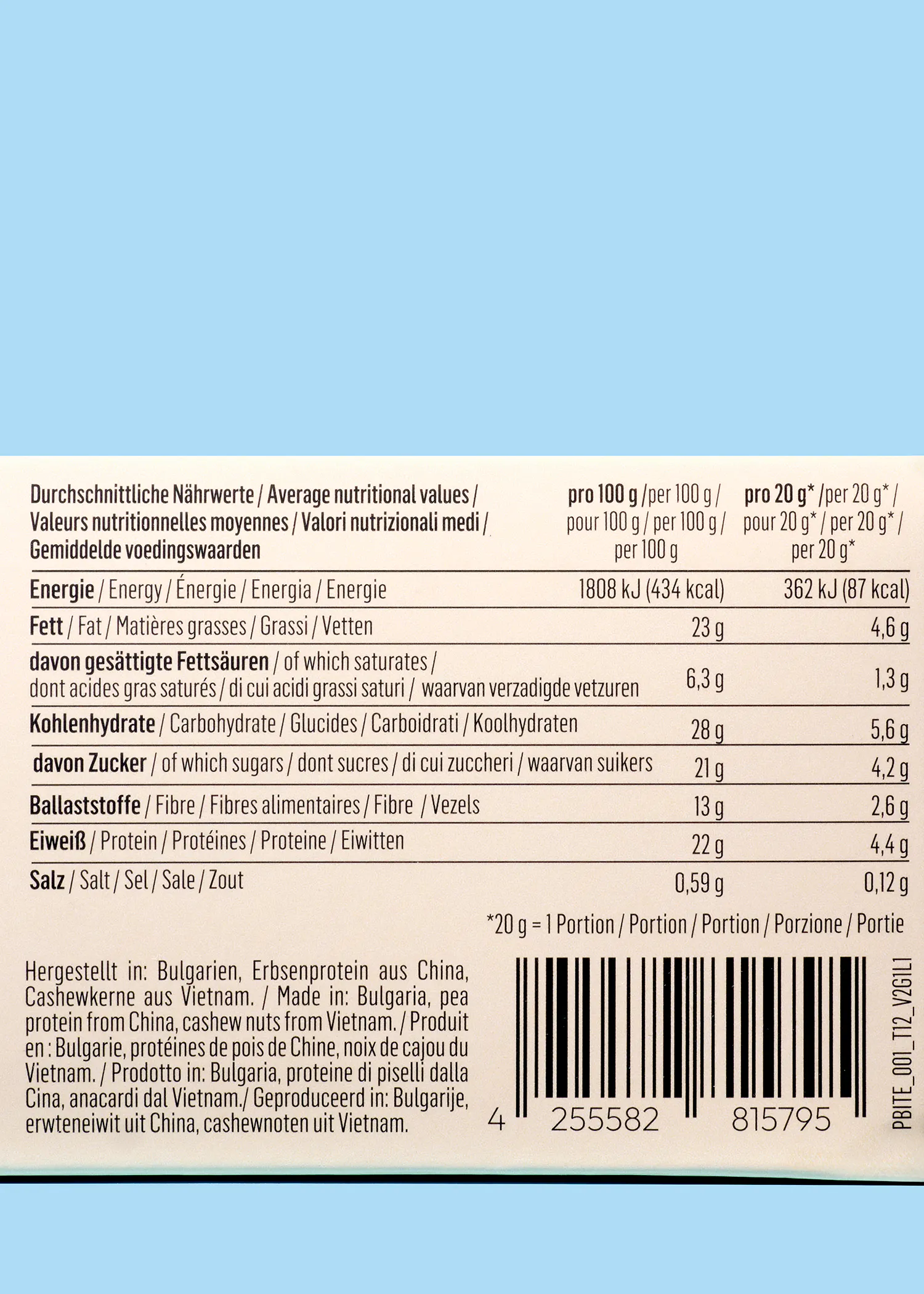 ein Etikett mit einer Nährwerttabelle und einem Barcode