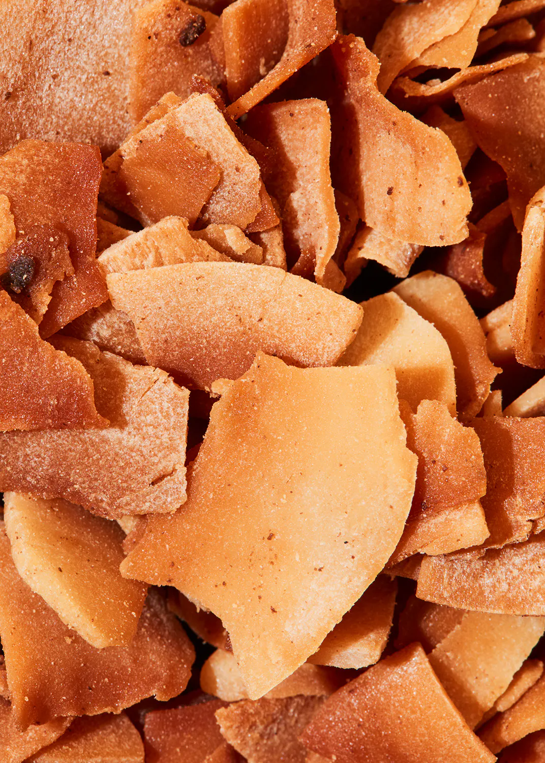 a close up of a pile of fried coconut chips