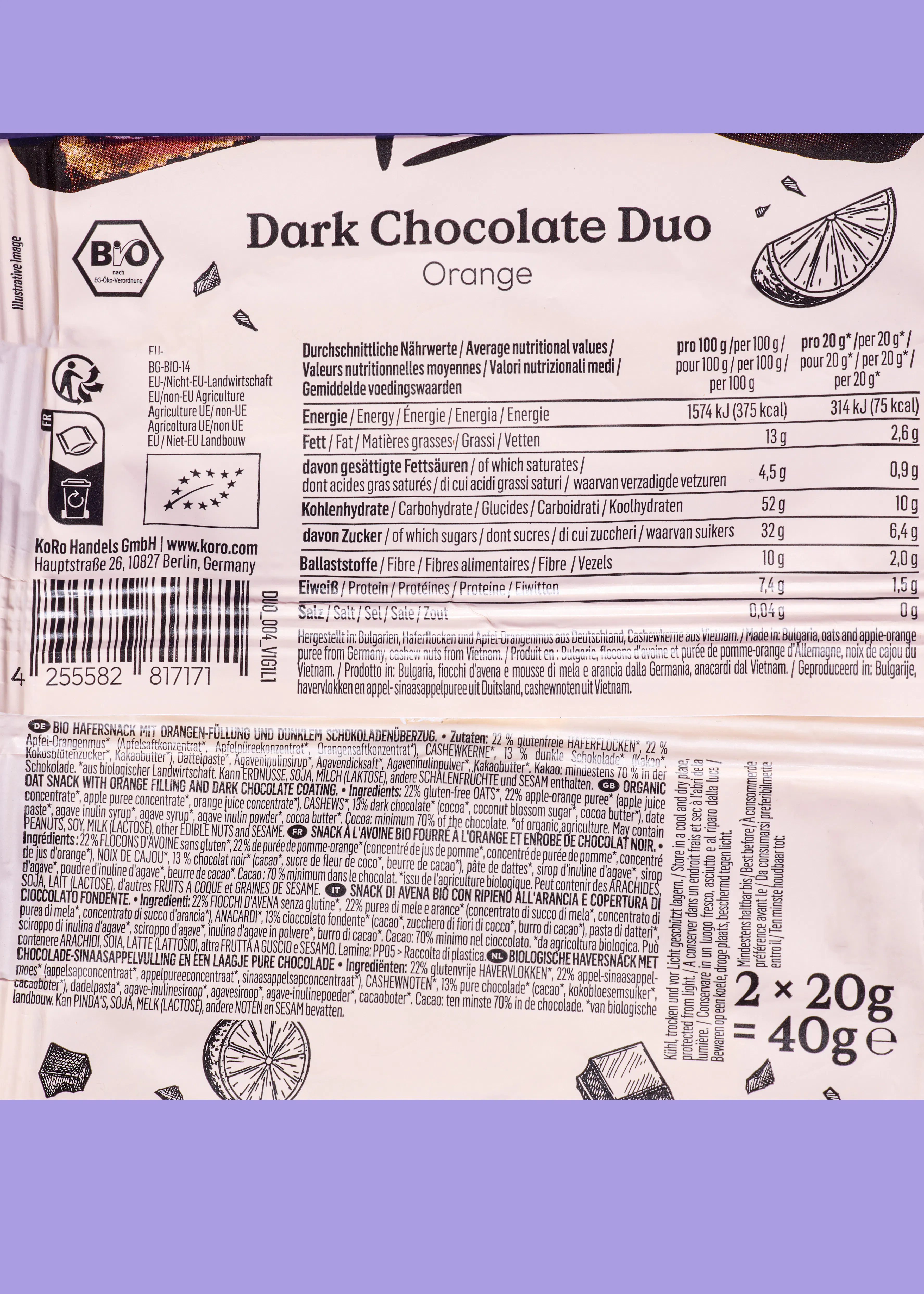 eine verpackung von dark chocolate duo orange mit nährwertangaben, zutaten, einem bio-logo und einer illustration einer orangenscheibe.