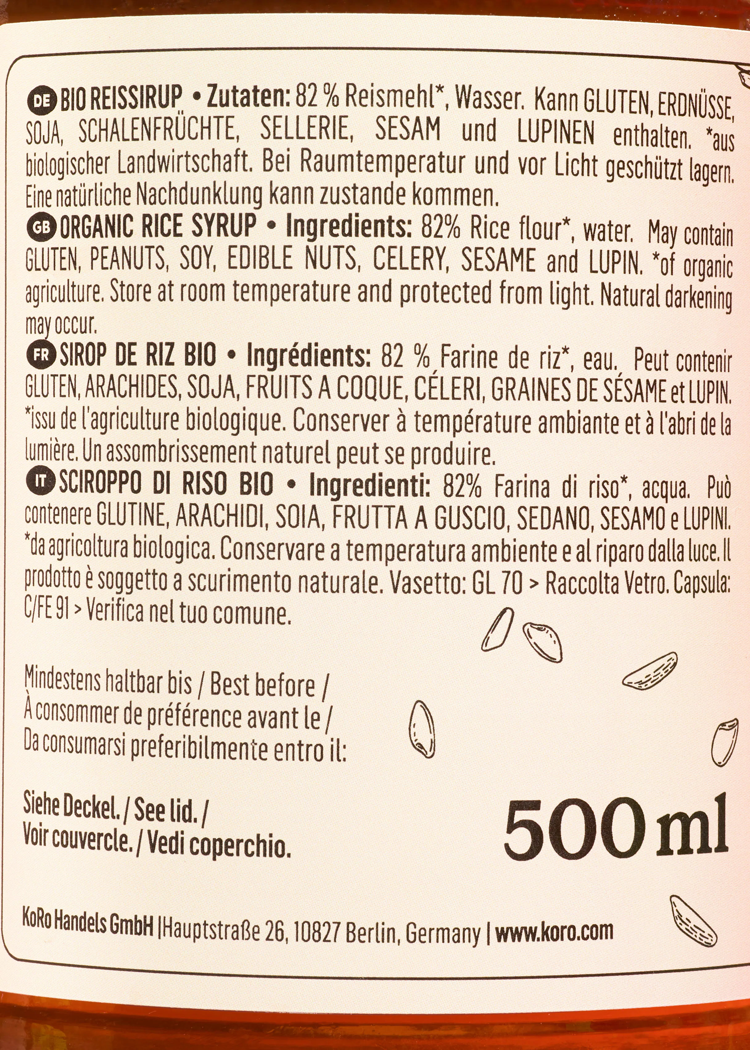 une bouteille de 500 ml de sirop de riz bio