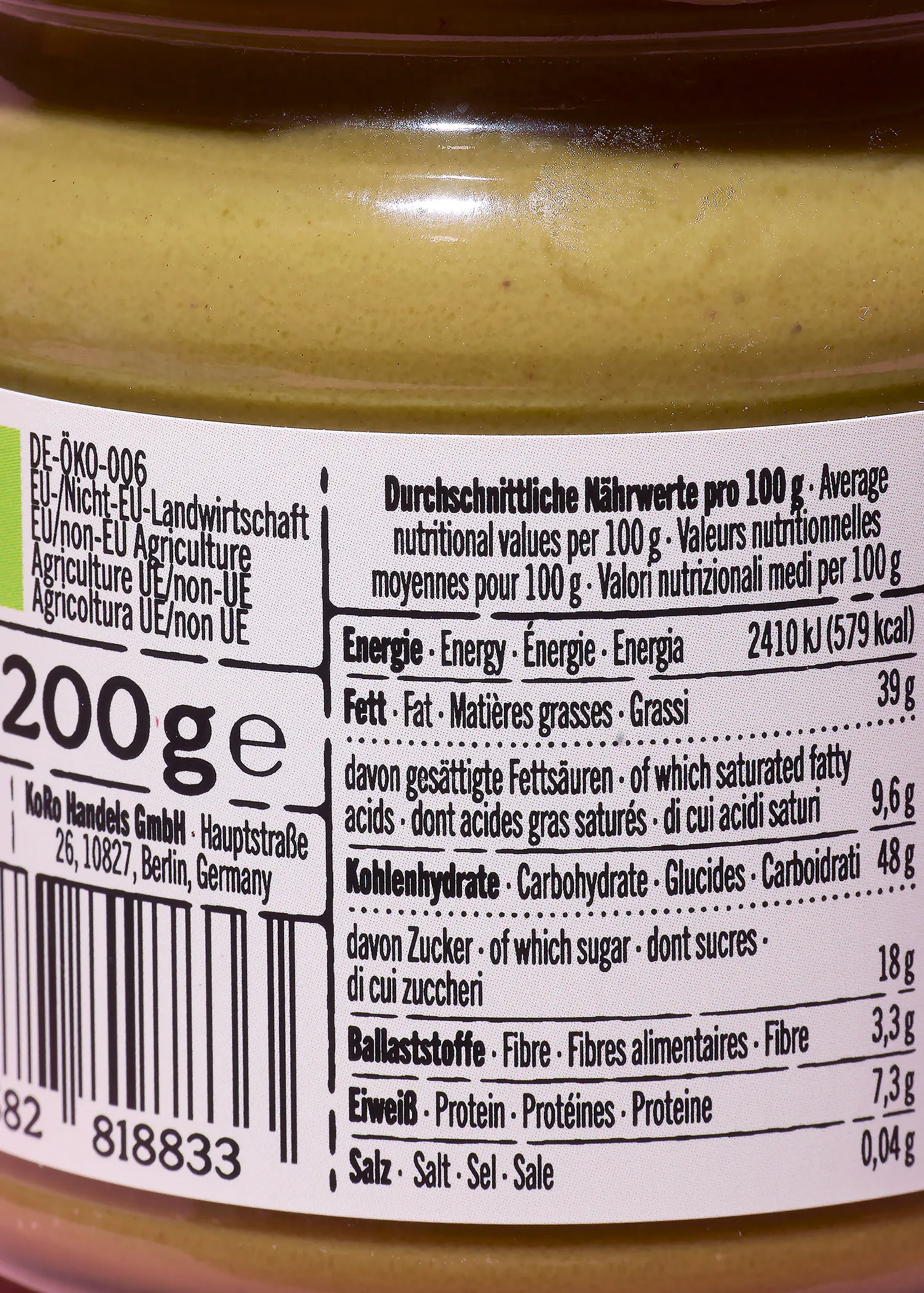 Crème de pistache bio avec 30 % de pistaches 200 g