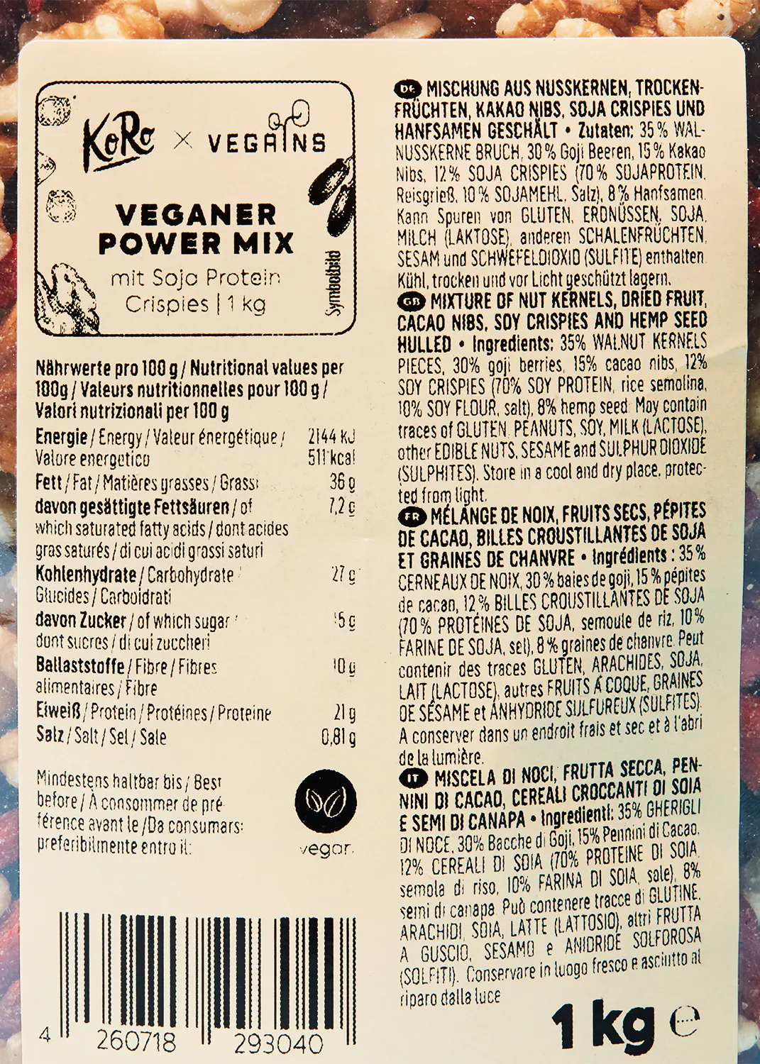 the back of a package of vegan power mix