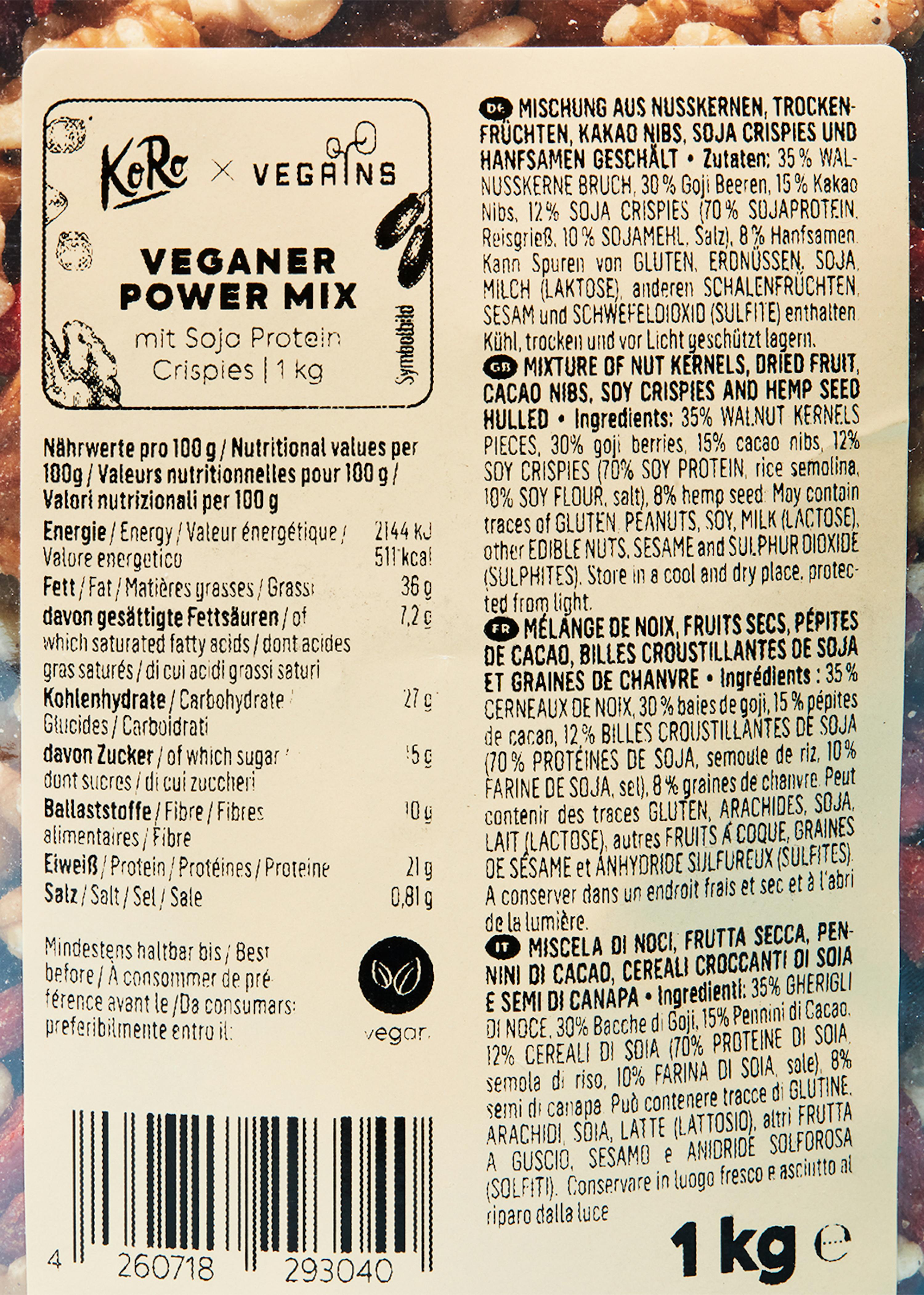 the back of a package of vegan power mix
