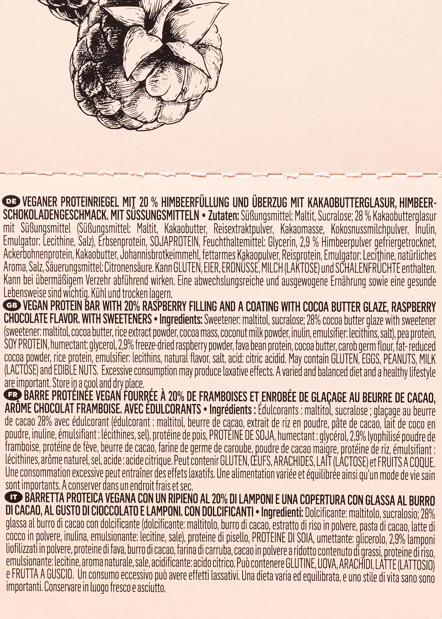 the back of a box of vegan protein bars with raspberry filling and a coating with cocoa butter glaze