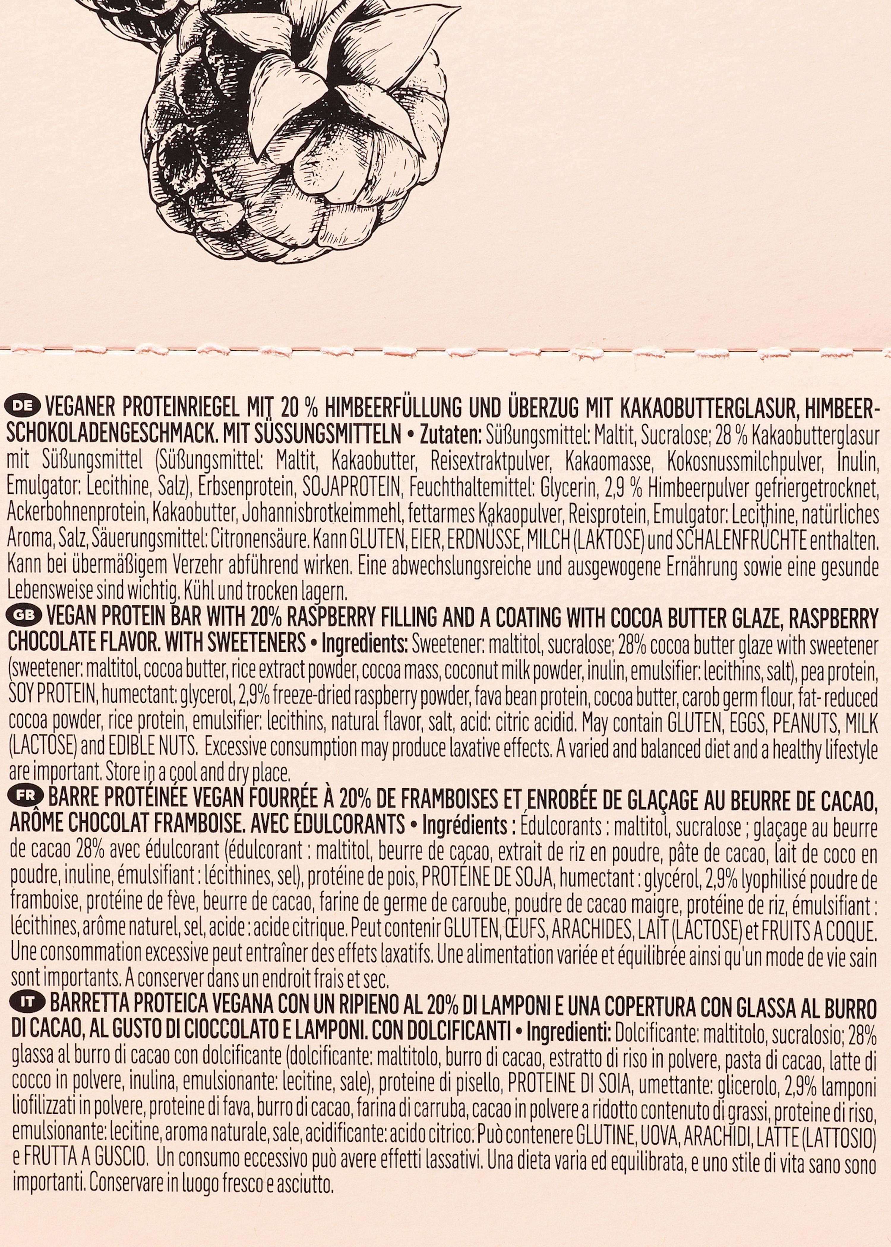 die rückseite einer veganen proteinriegel mit 20 % himbeerfüllung