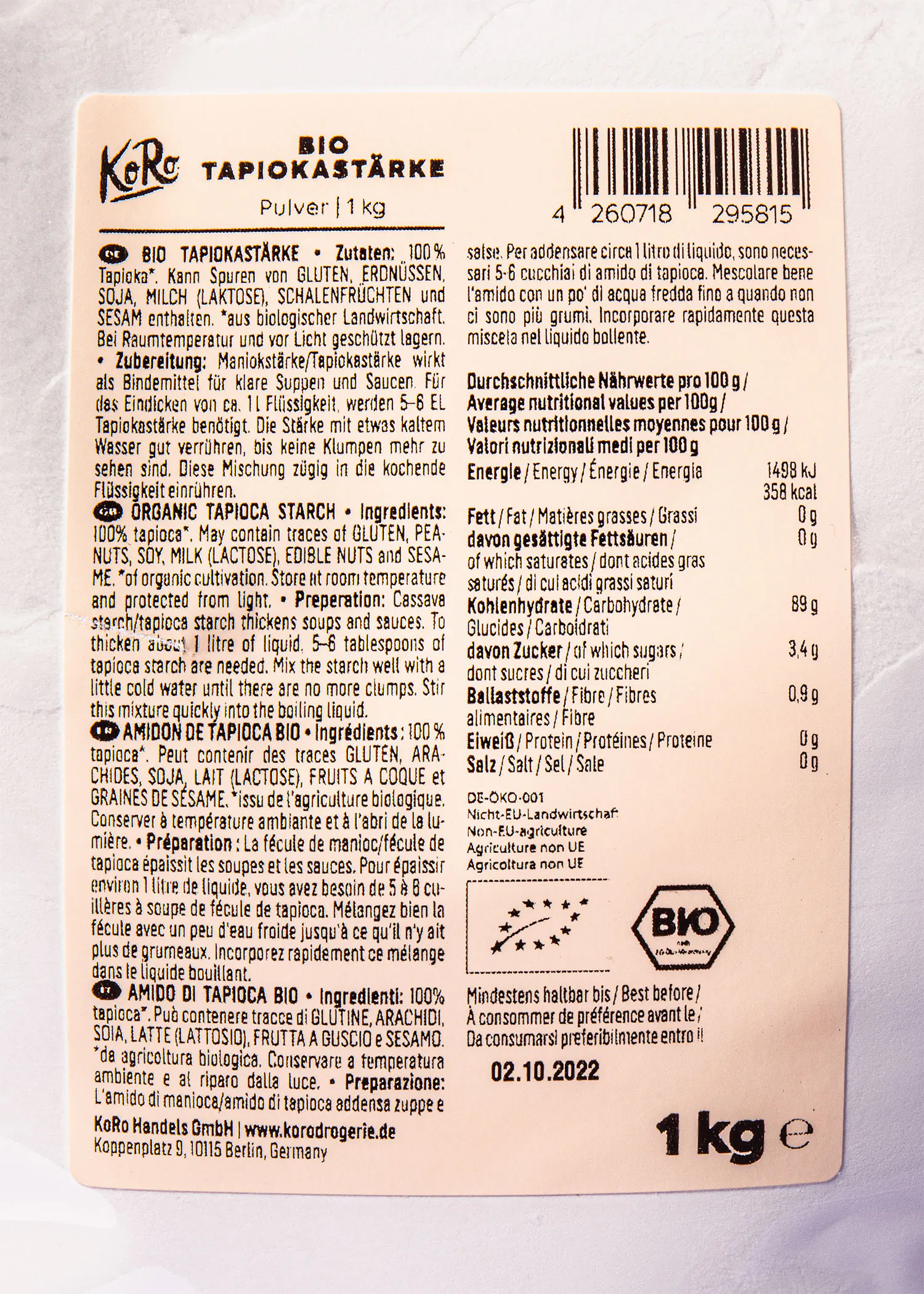 ein Etikett für bio tapiokastärke zeigt die Nährwertangaben