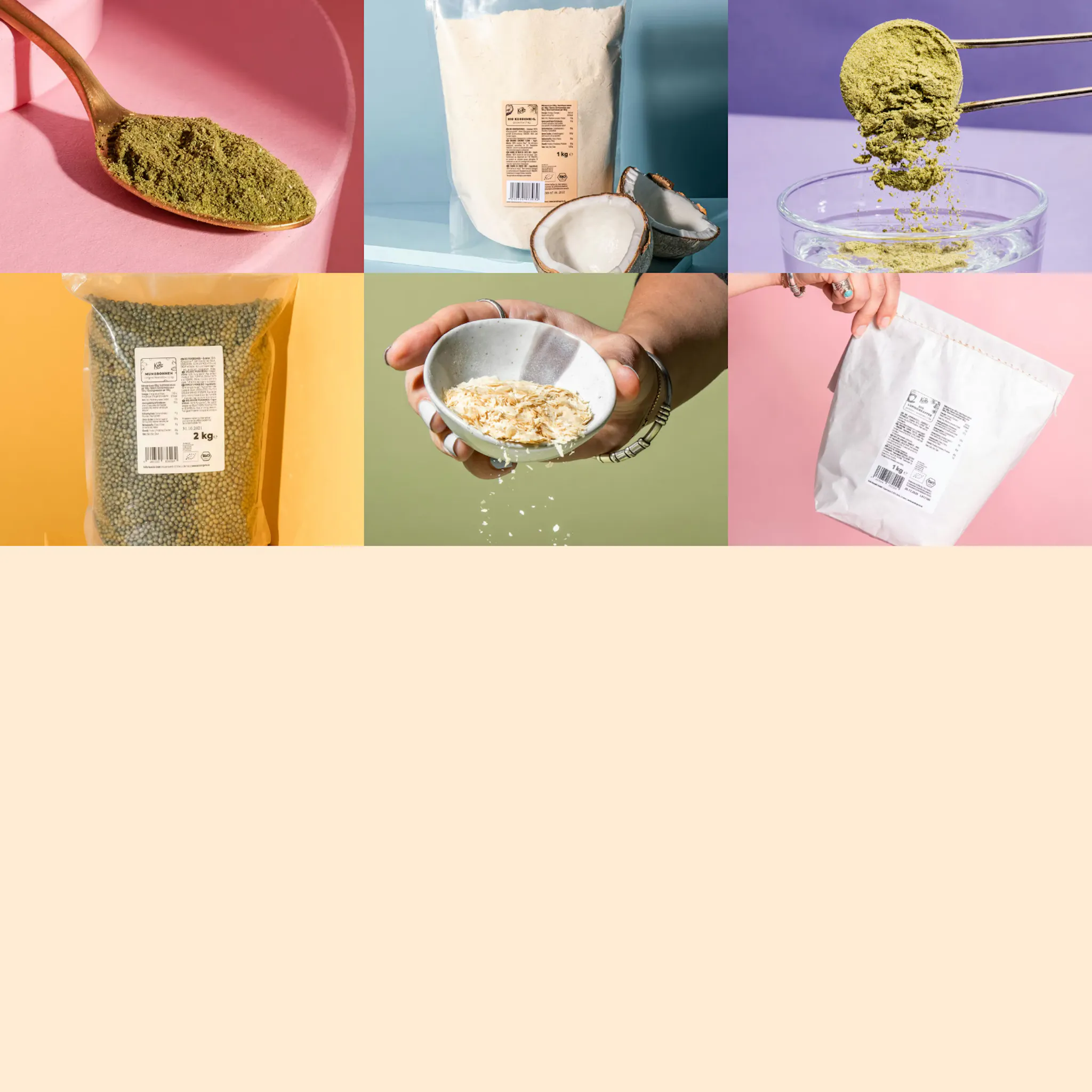 eine collage aus sechs bildern, die verschiedene lebensmittelzutaten wie grünes pulver, kokosnuss, weißes pulver, grüne bohnen und flocken in verschiedenen verpackungen und zubereitungsstadien zeigt.