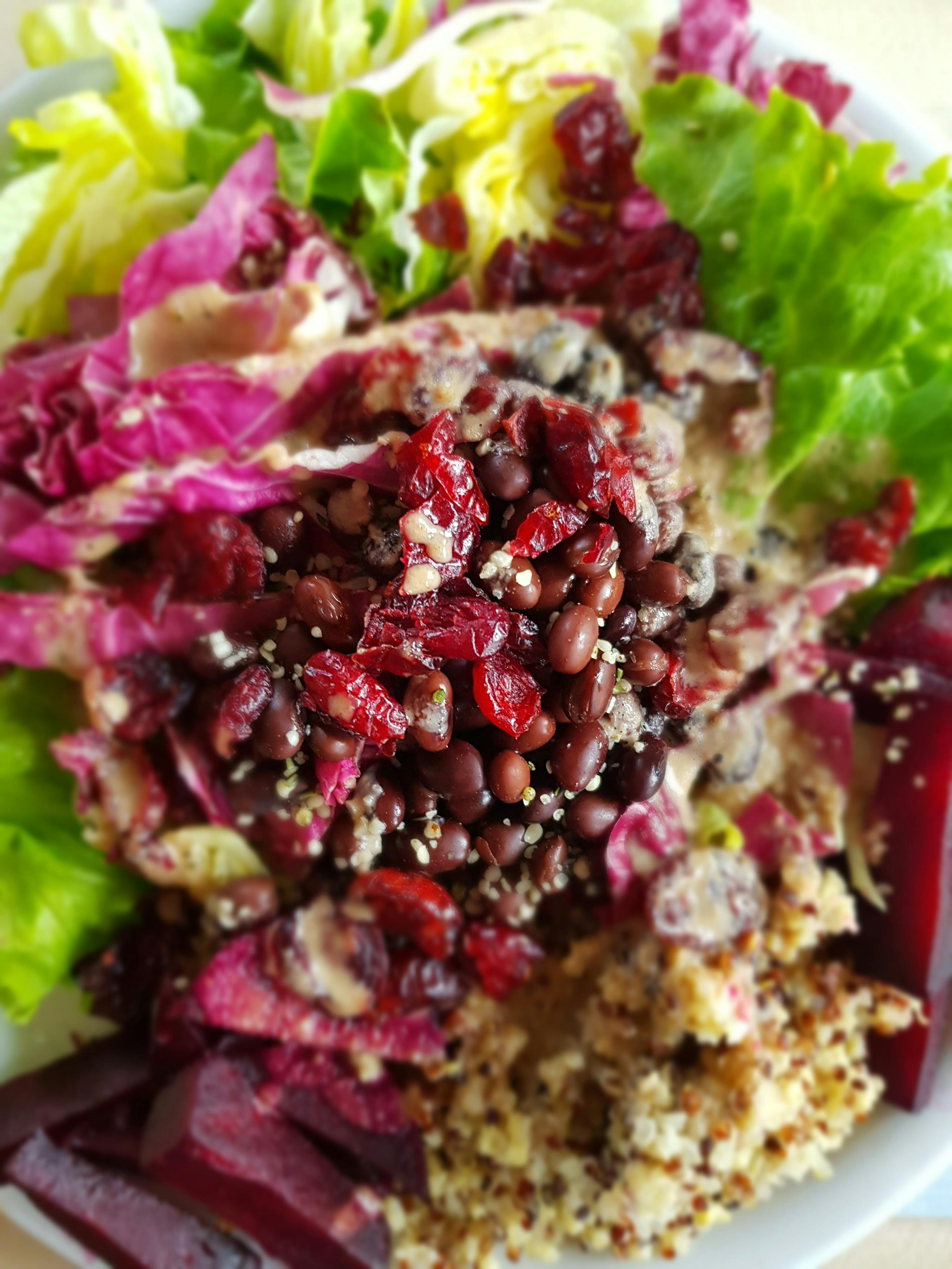 a close up of a salad with black beans and cranberries