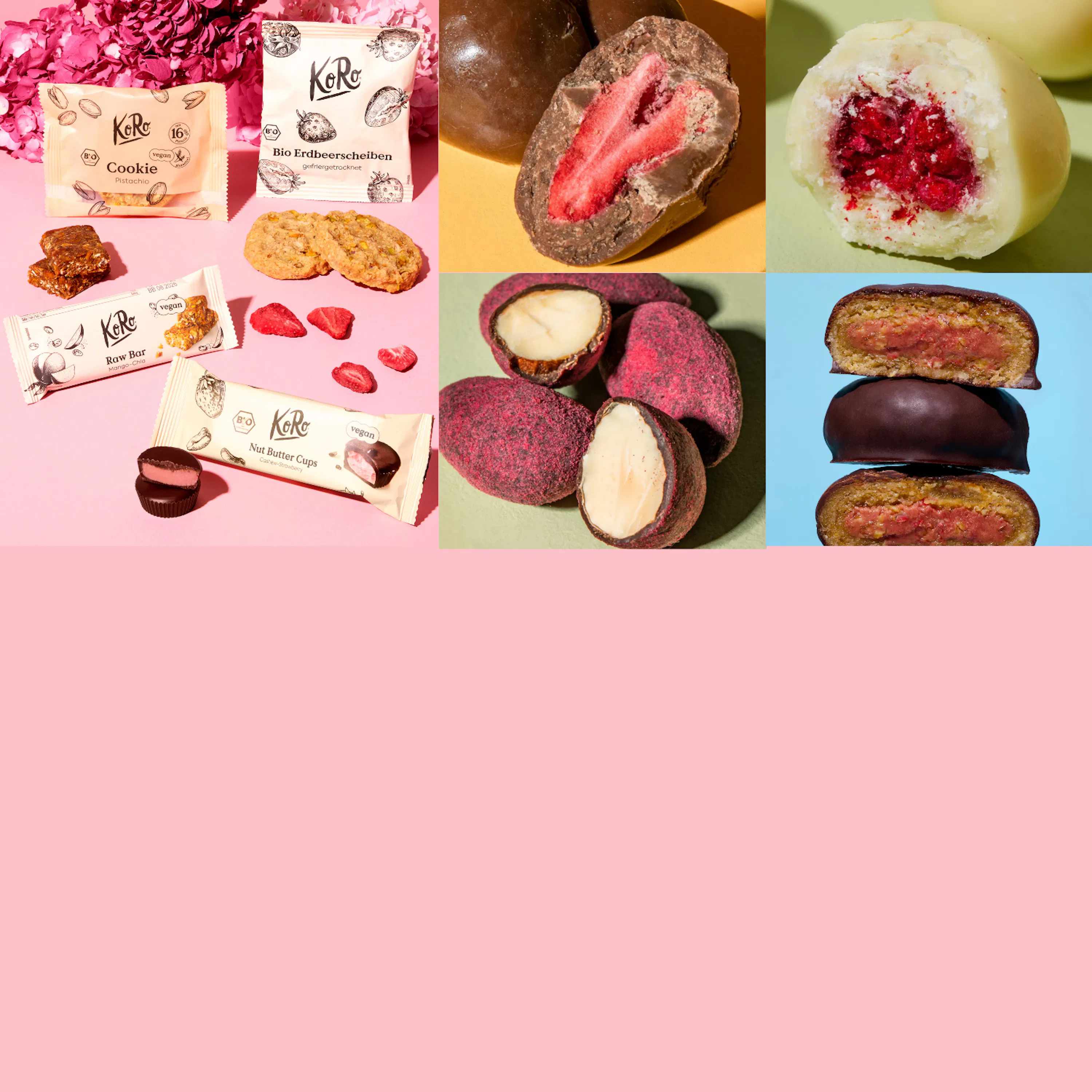 eine collage aus verschiedenen koro-produkten wie keksen, schokoriegeln, nussbutter-cups und gefriergetrockneten früchten, oft mit aufgeschnittenen ansichten, die ihre füllungen und zutaten zeigen.
