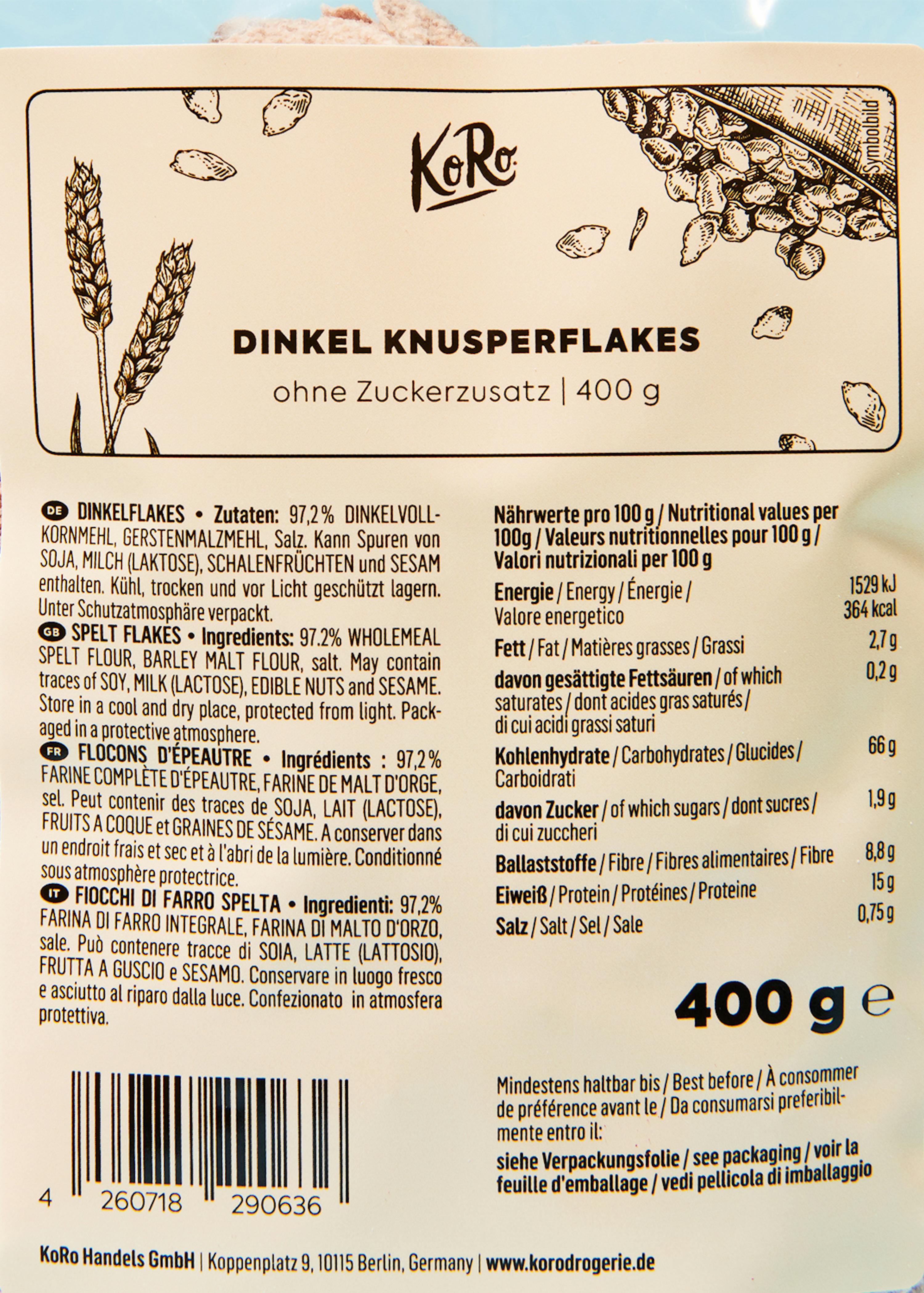 die rückseite einer packung dinkel knusperflocken ohne zuckerzusatz 400 g