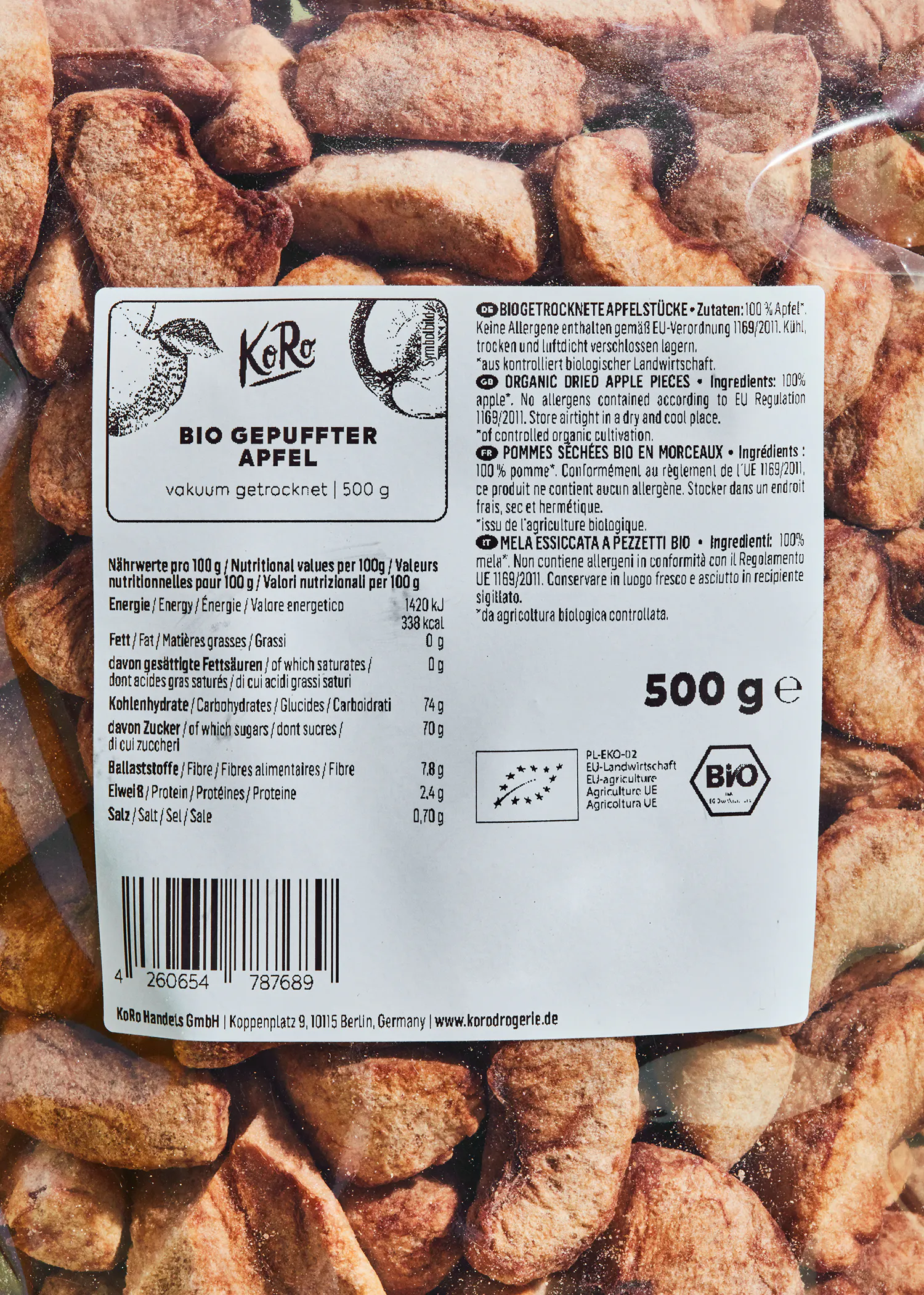 l' arrière d' un sac de pommes séchées bio de 500 g