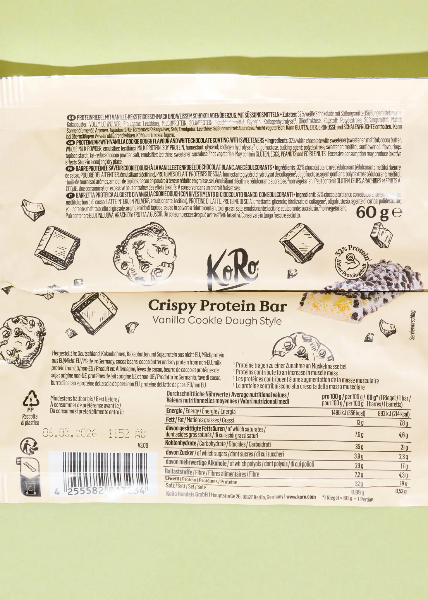 die rückseite einer crispy protein bar vanille cookie dough style