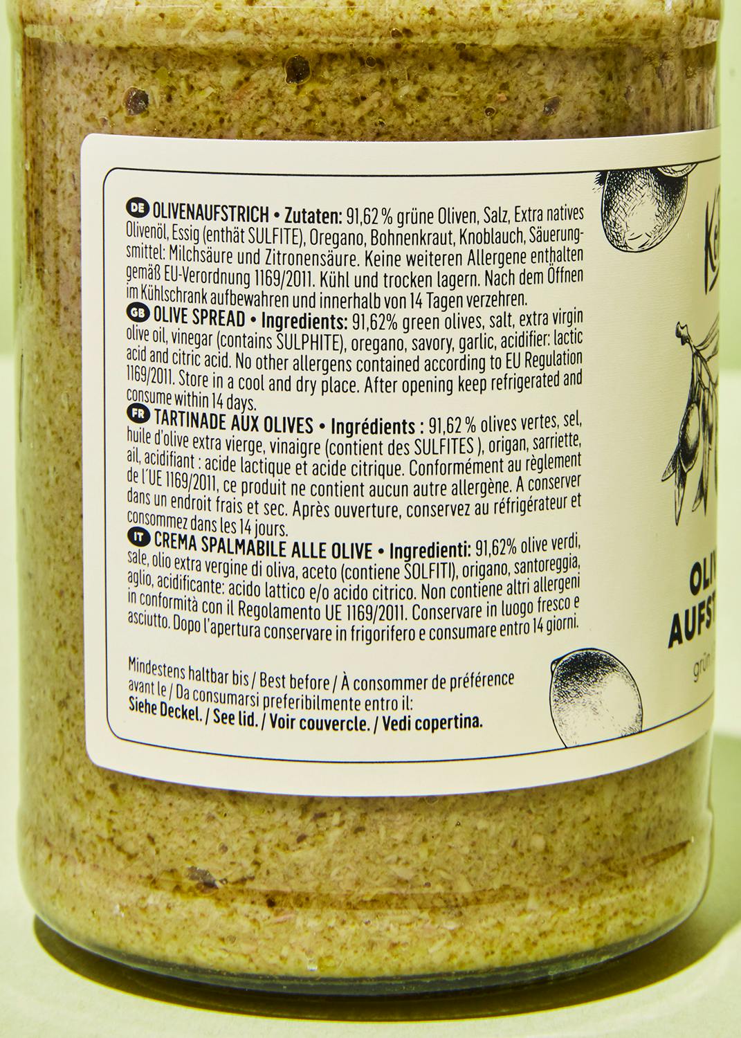 the back of a jar of olive spread contains ingredients
