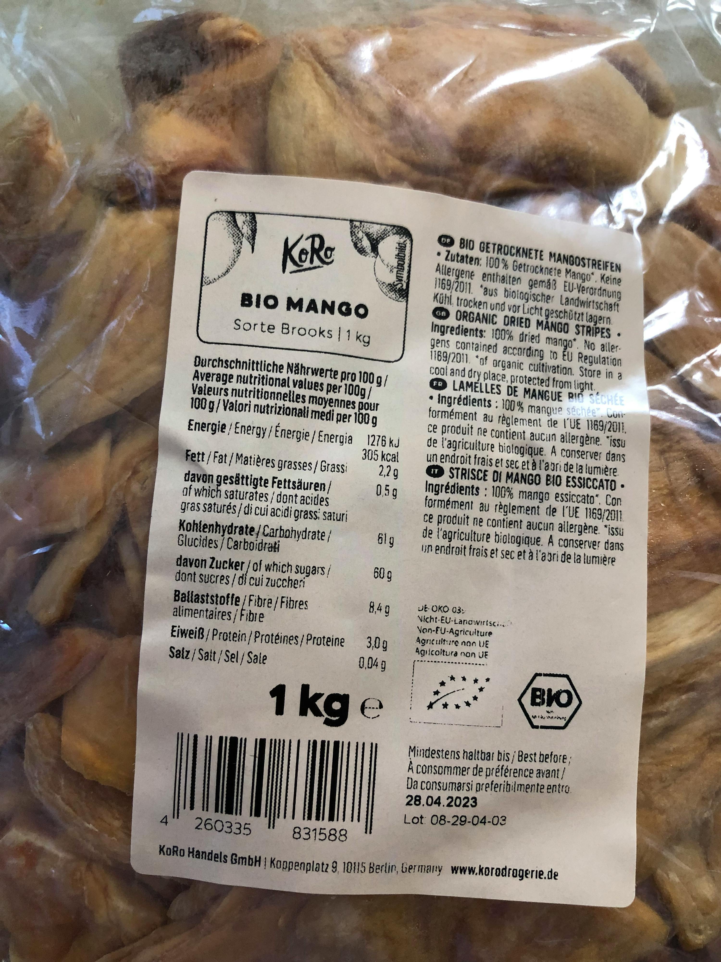 the back of a bag of bio mango chips