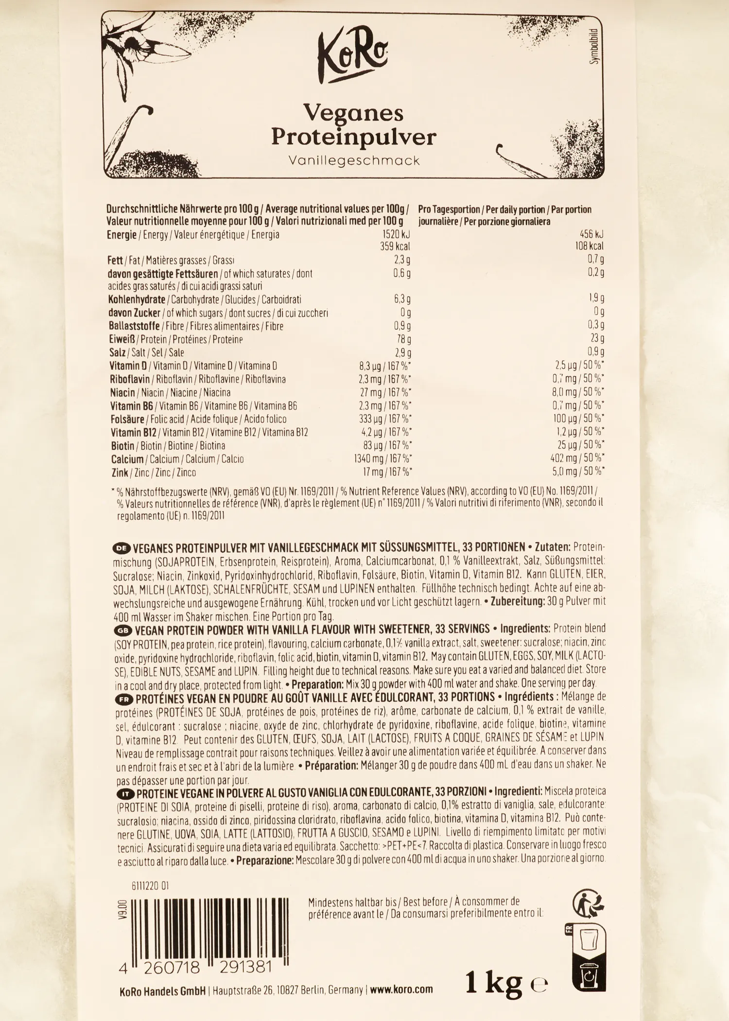 l' arrière d' une boîte de poudre de protéines végétales