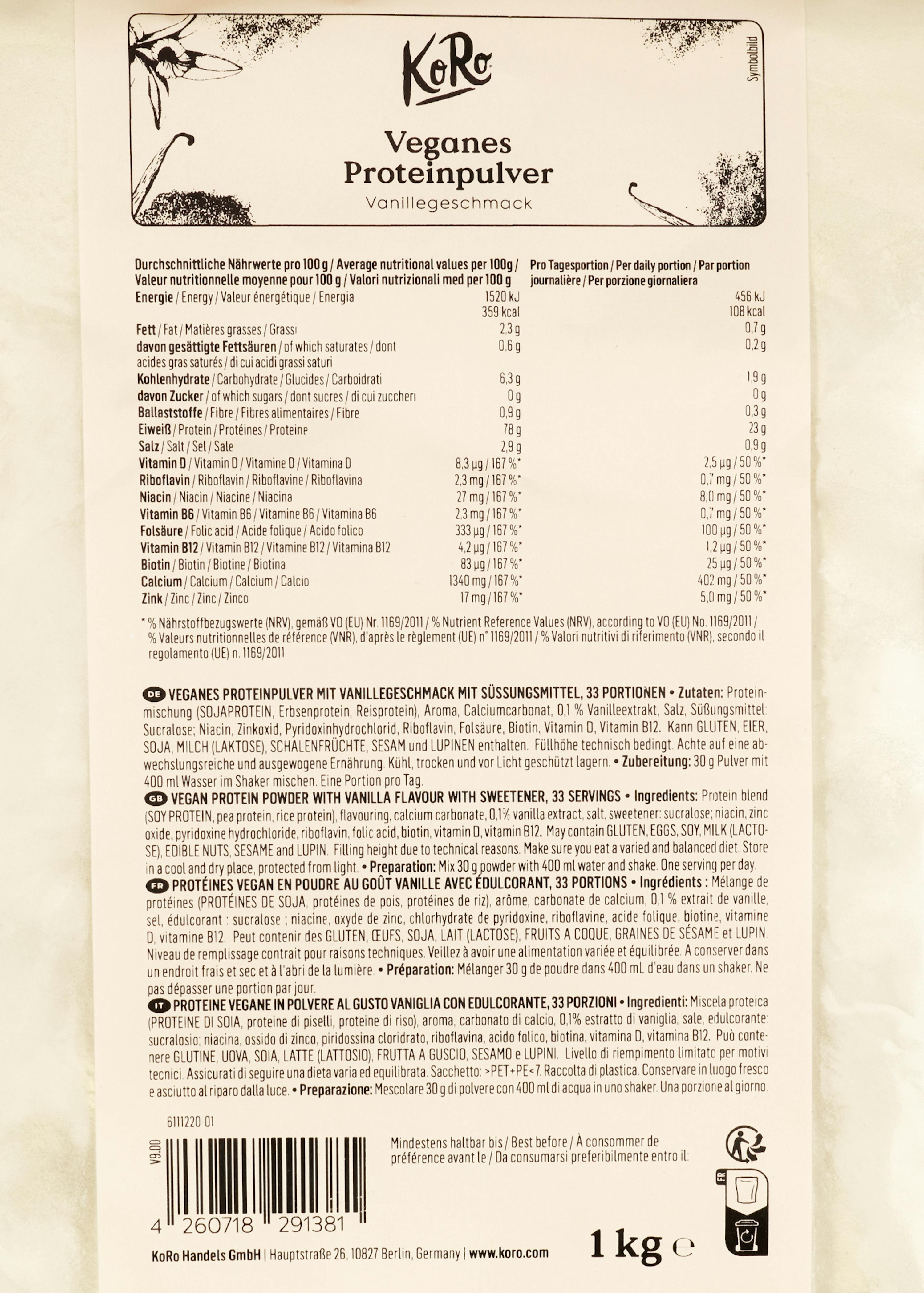 die Rückseite einer Flasche veganes proteinpulver