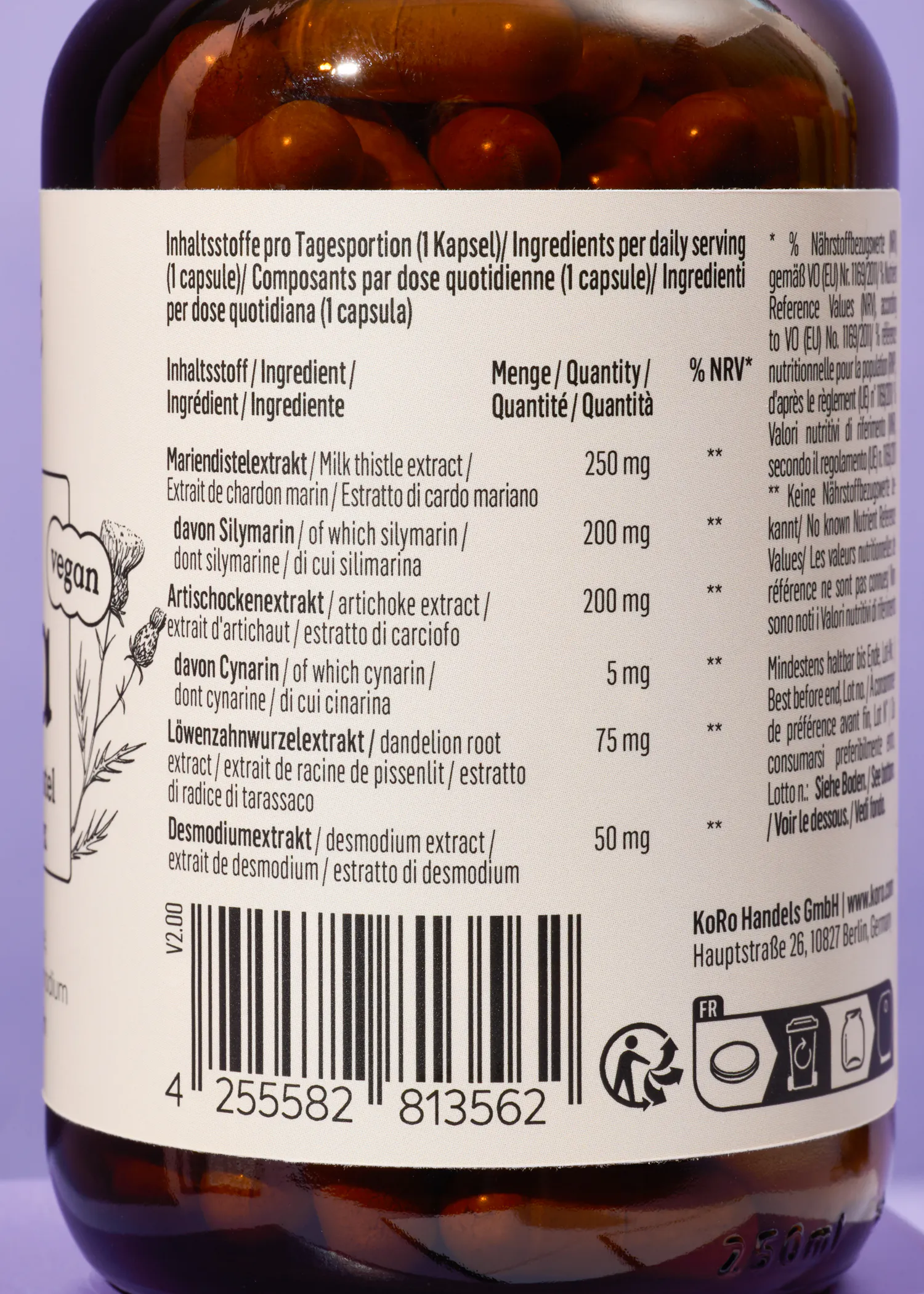 l' arrière d' une bouteille de pilules avec un numéro de série 4 255582 813562