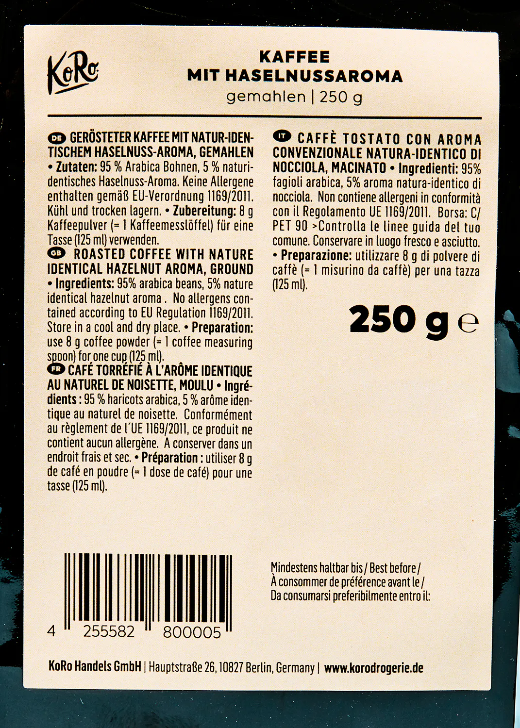a label for kaffee mit haselnussroma 250 g