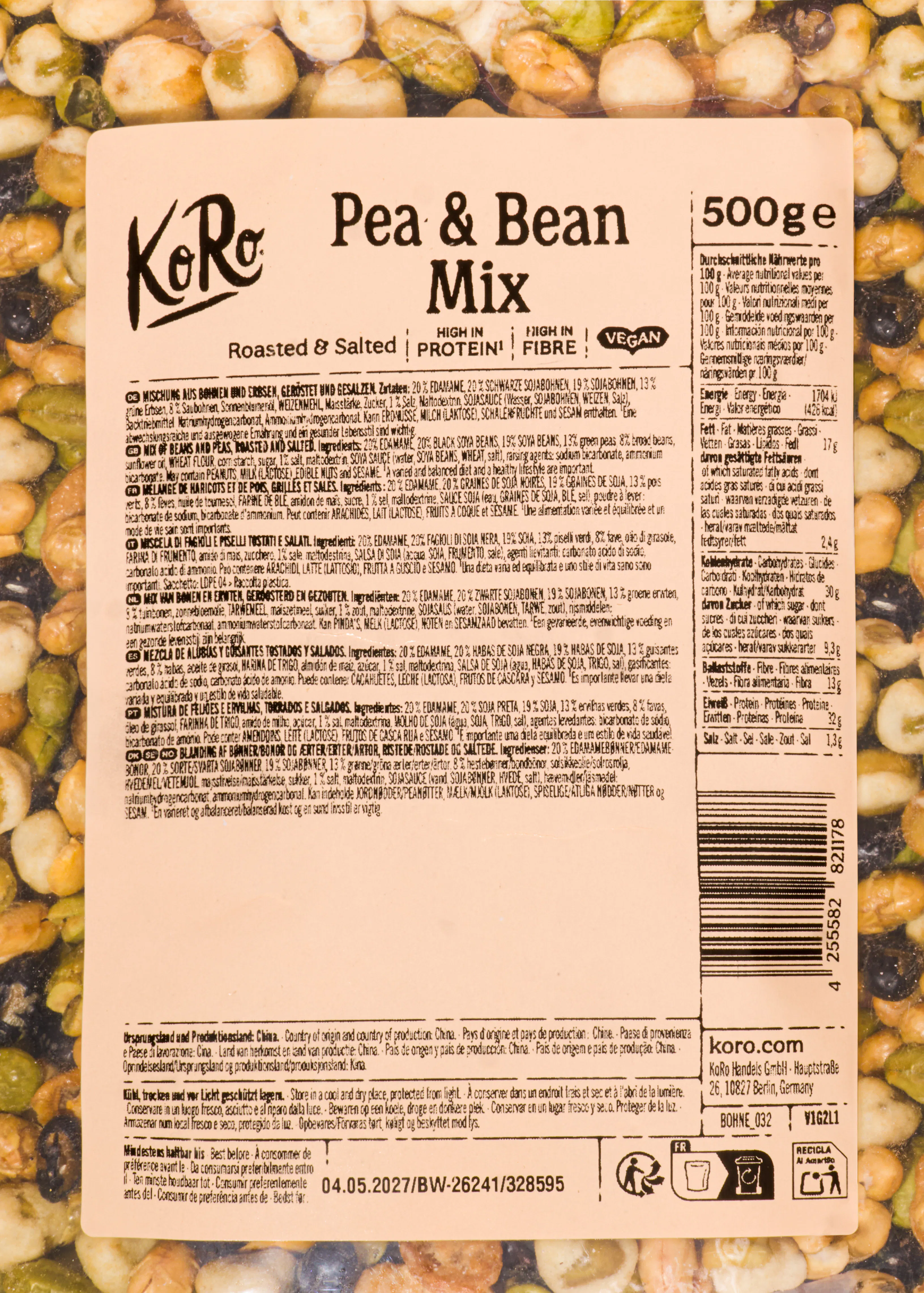 paquet de mélange de pois et de haricots grillés et salés de la marque koro avec les informations nutritionnelles et les ingrédients affichés.