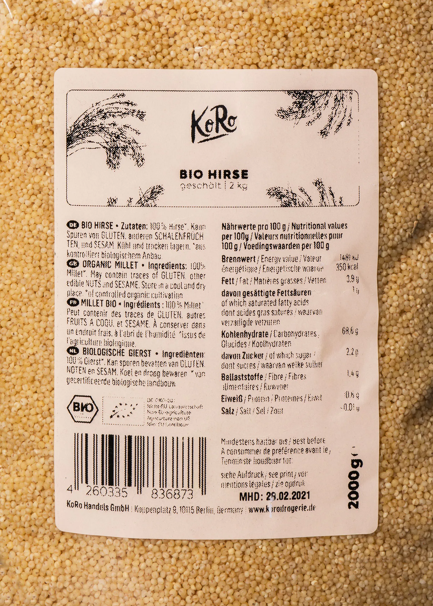 l' arrière d' une boîte de riz bio hirse de 2000g