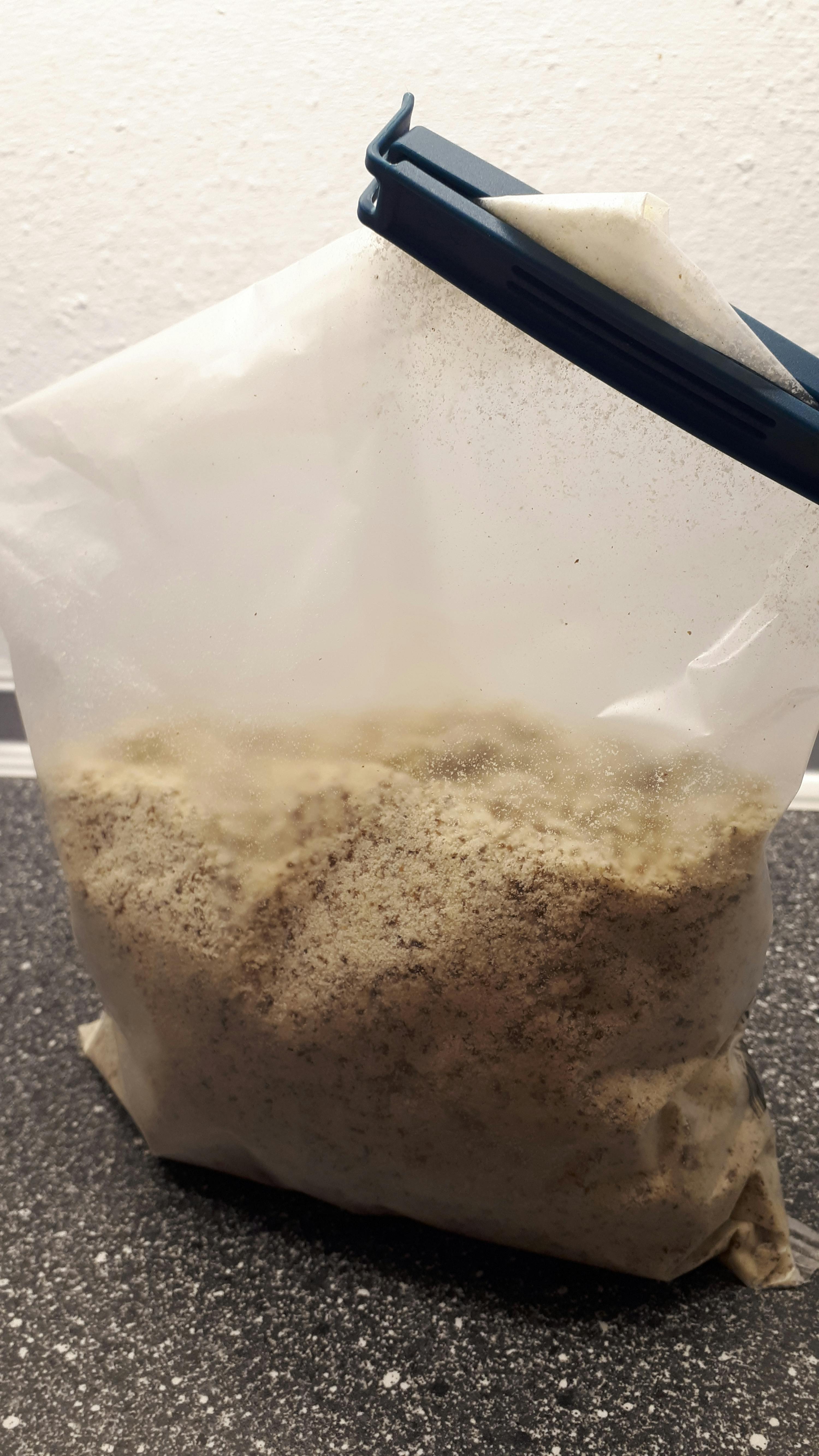 un sacchetto di plastica pieno di farina è chiuso con una clip