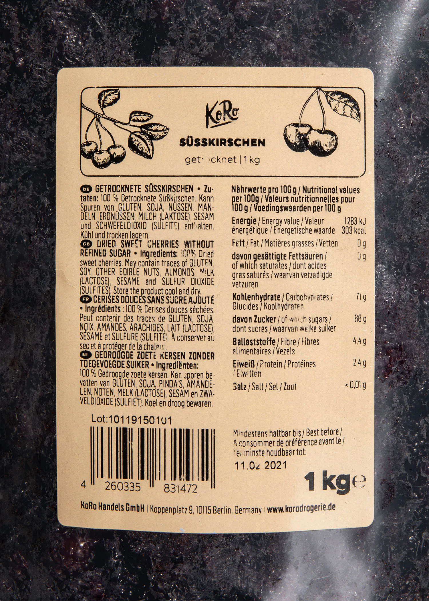 l' étiquette d' un kilogramme de cerise avec des ingrédients et des valeurs nutritionnelles