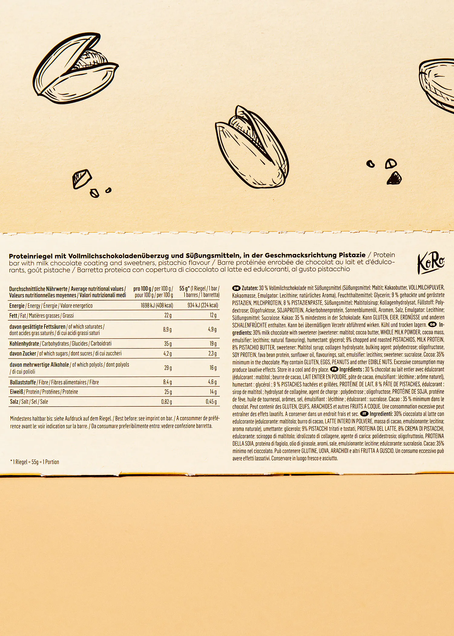 the back of a box of a protein bar with milk chocolate coating and pistachios