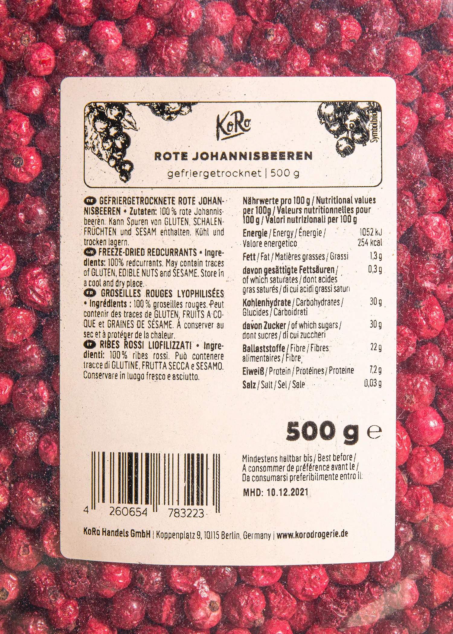 the back of a 500 g bag of rote johannisbeeren