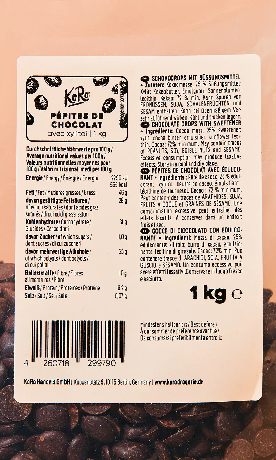 the back of a chocolate bar with a label that says 1 kg on it