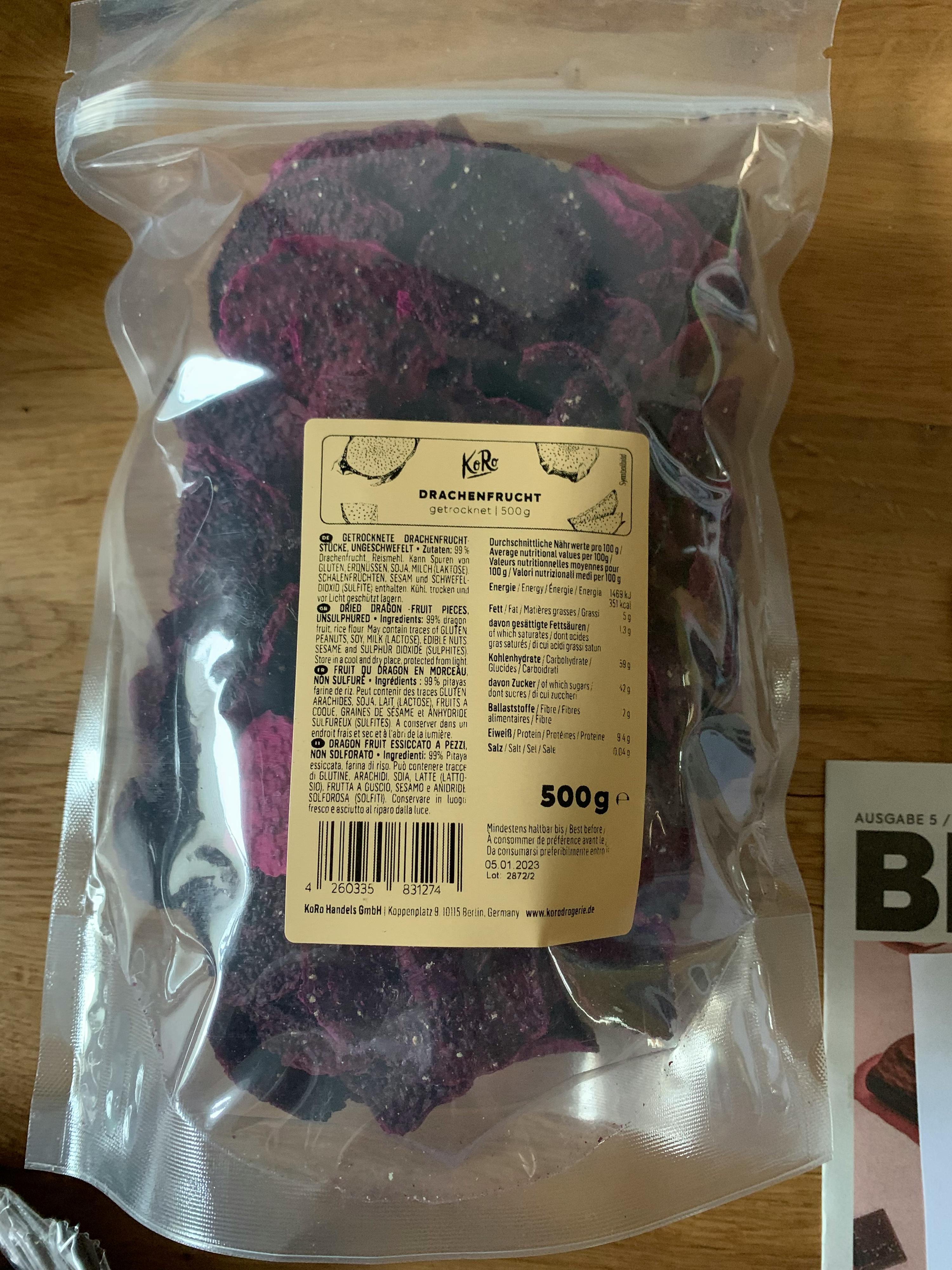 a 500g bag of dried dragon fruit sits on a table