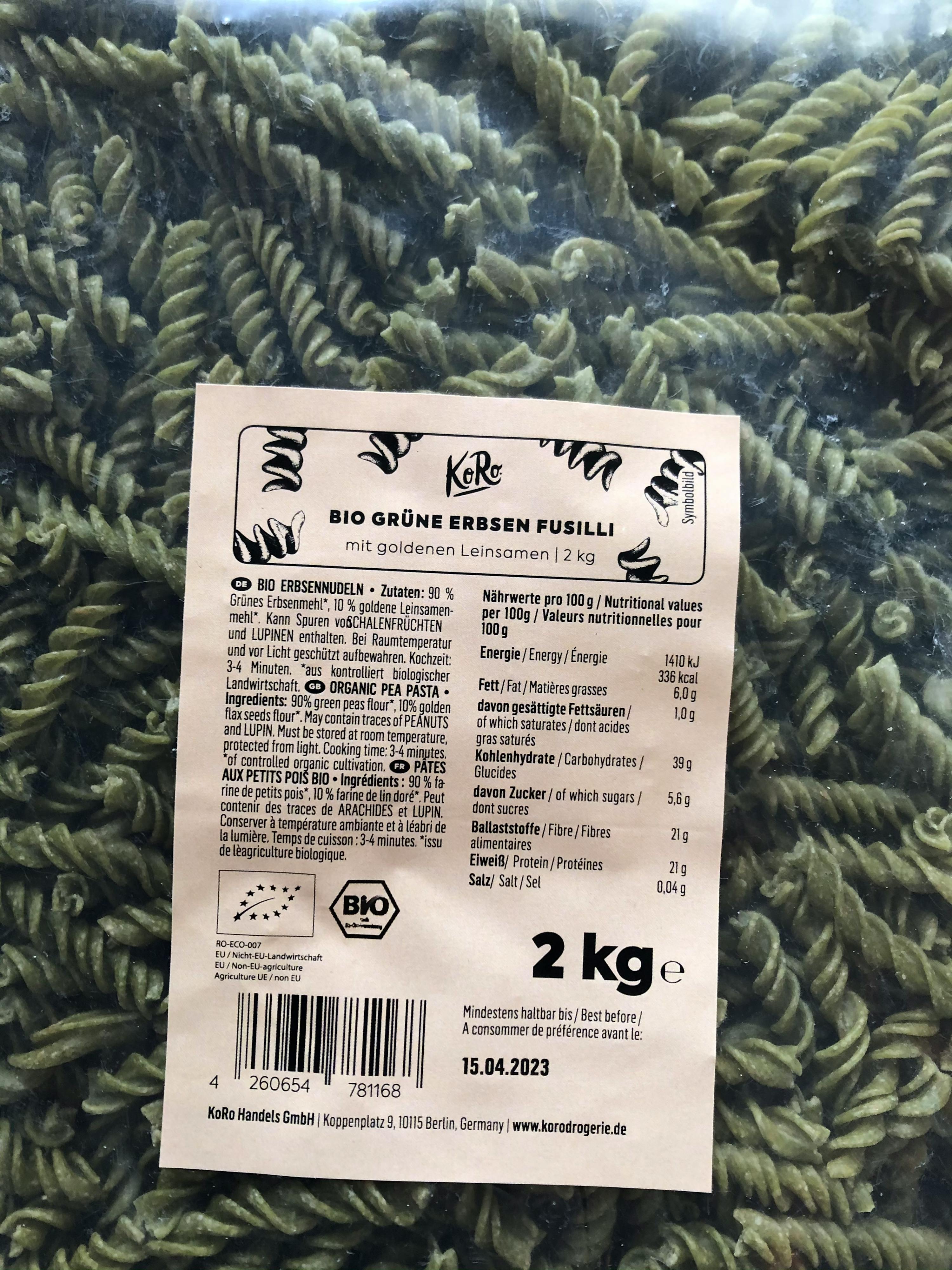 a package of bio green erbsen fusilli contains 2 kg