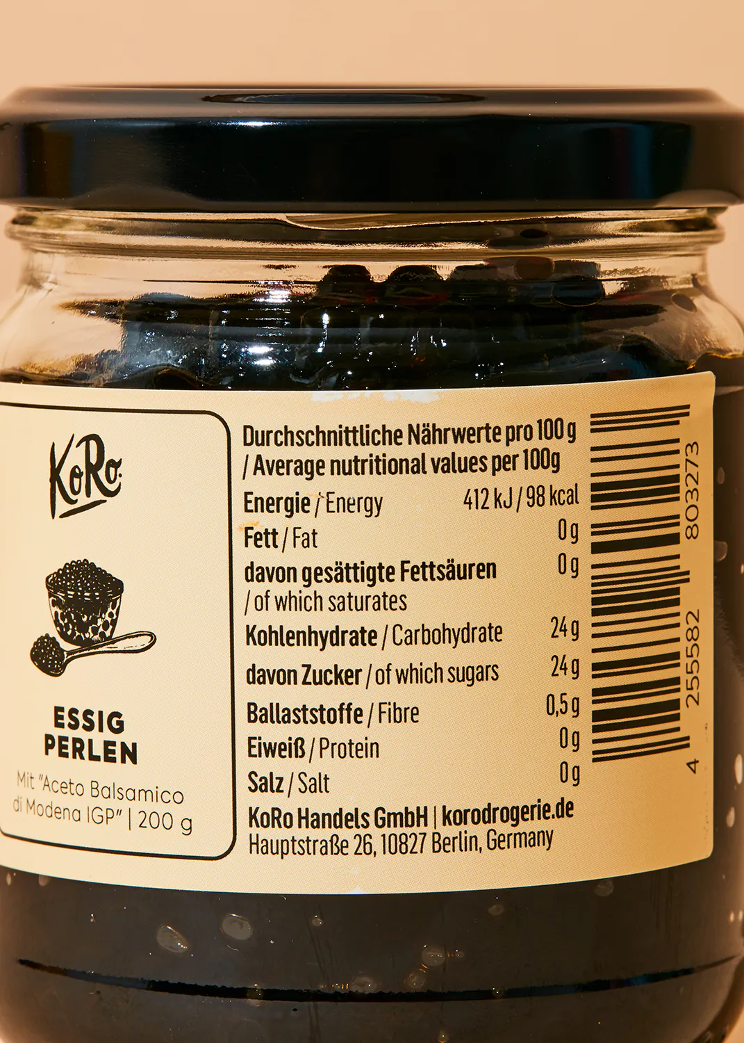 a jar of essig perlen has a nutritional label on it