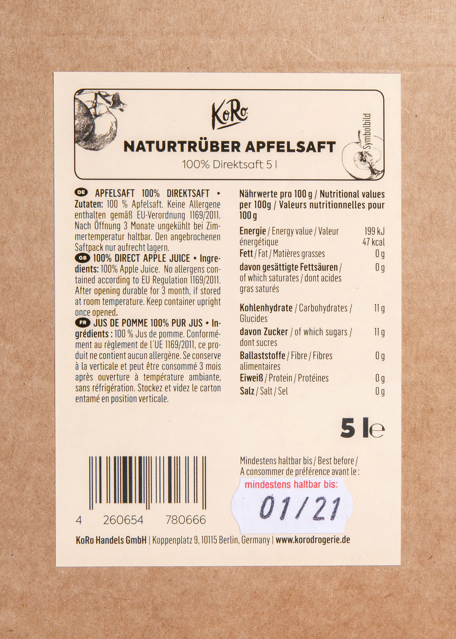 die Rückseite eines Kartons mit der Aufschrift " naturtruber apfelsaft "