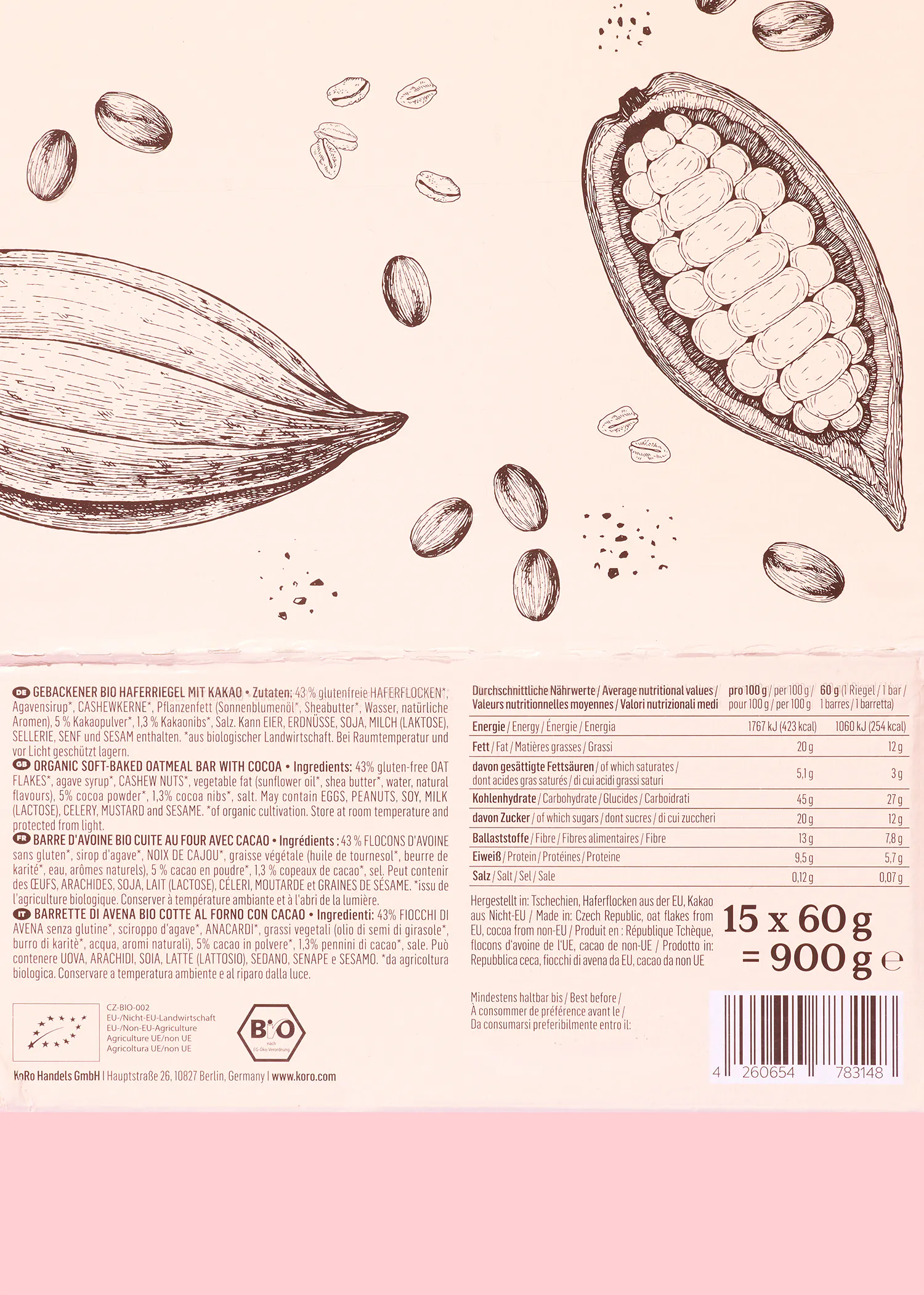 die Rückseite einer verpackten Schokolade mit einem Bild einer Kakaofrucht