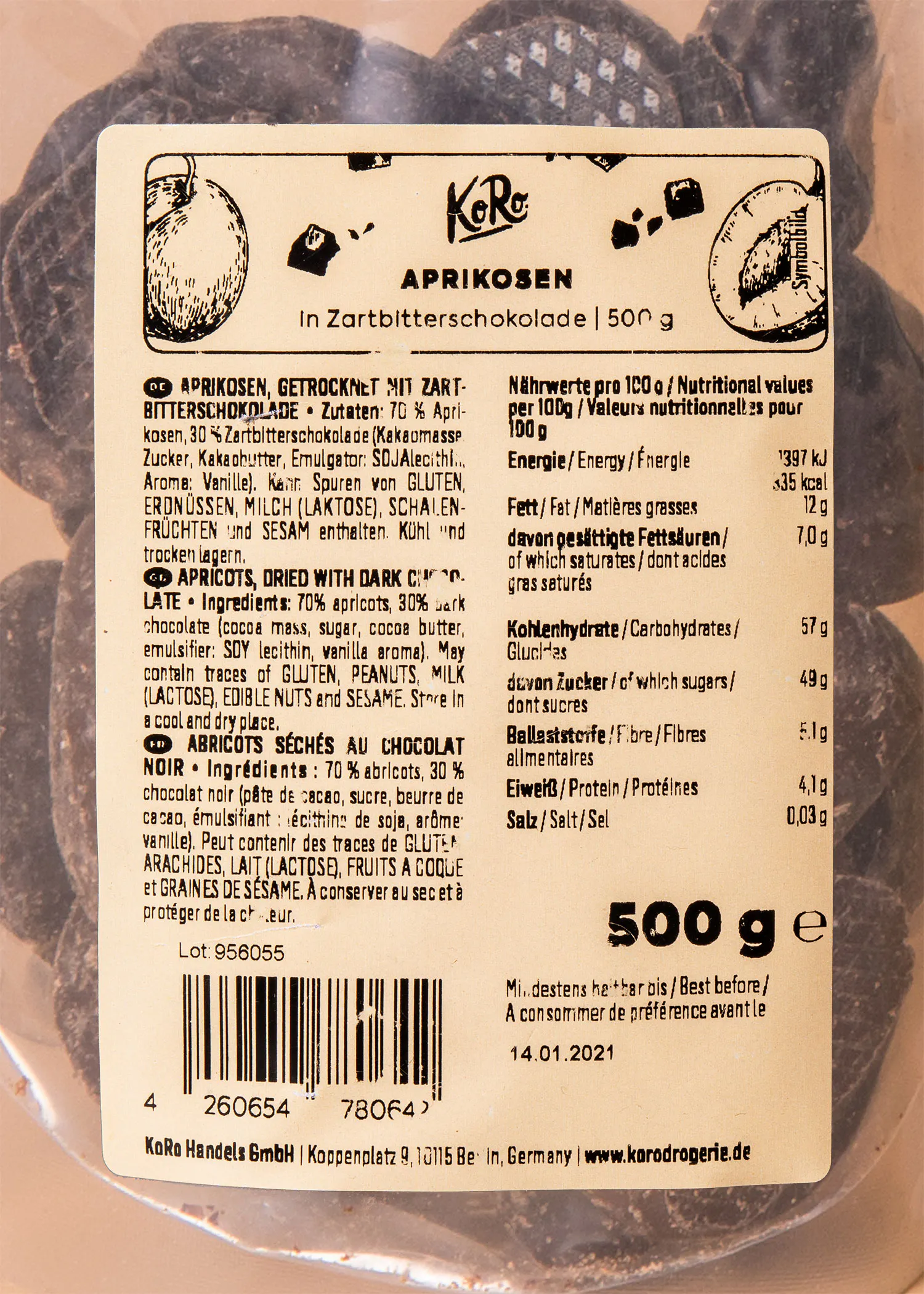 die Rückseite eines 500-g-Beutels mit Kara-Zartbitterschokolade