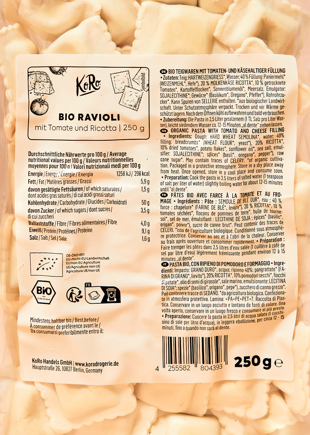a package of bio ravioli with tomato and ricotta
