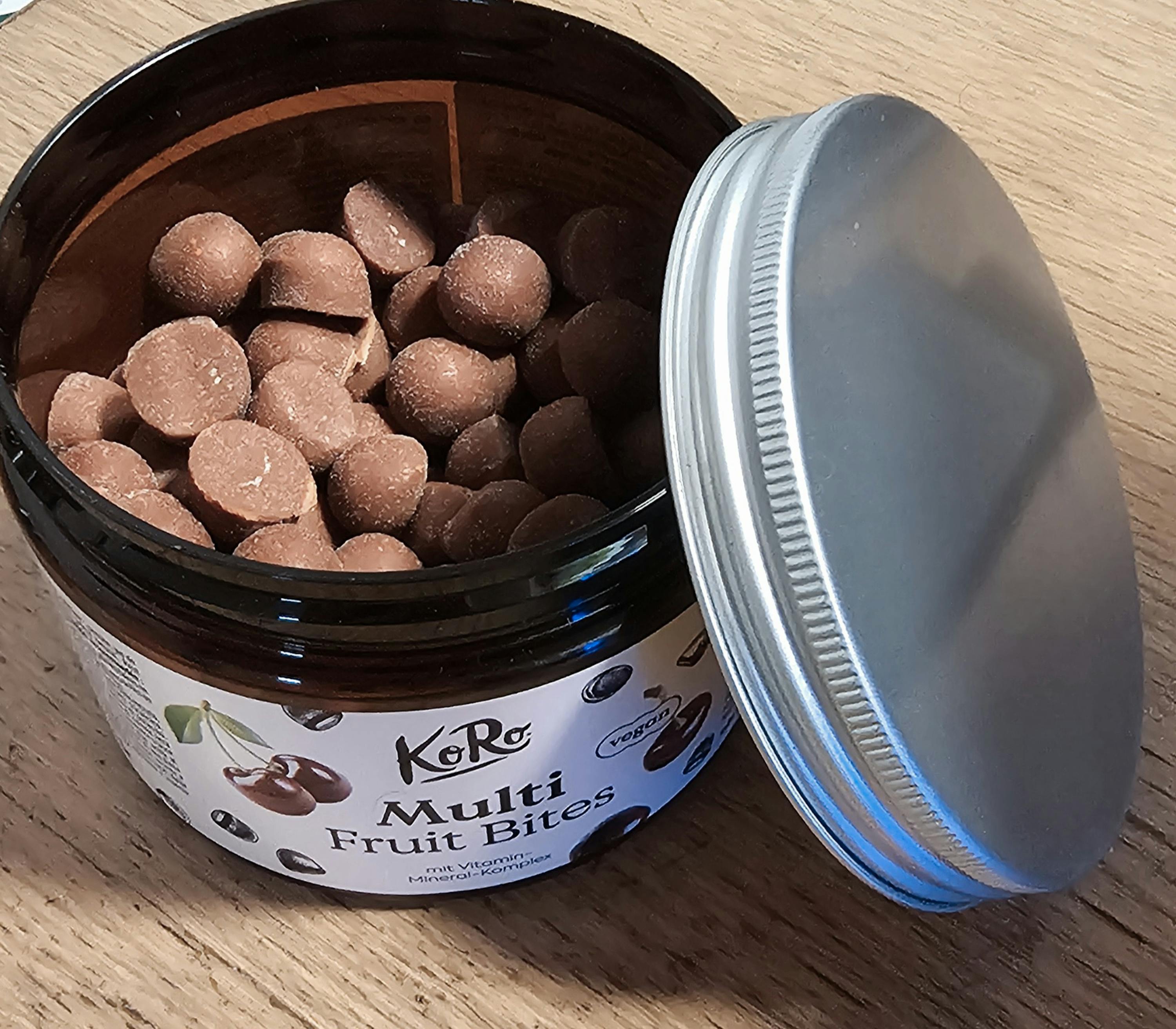 a jar of koro multi fruit bites with the lid open