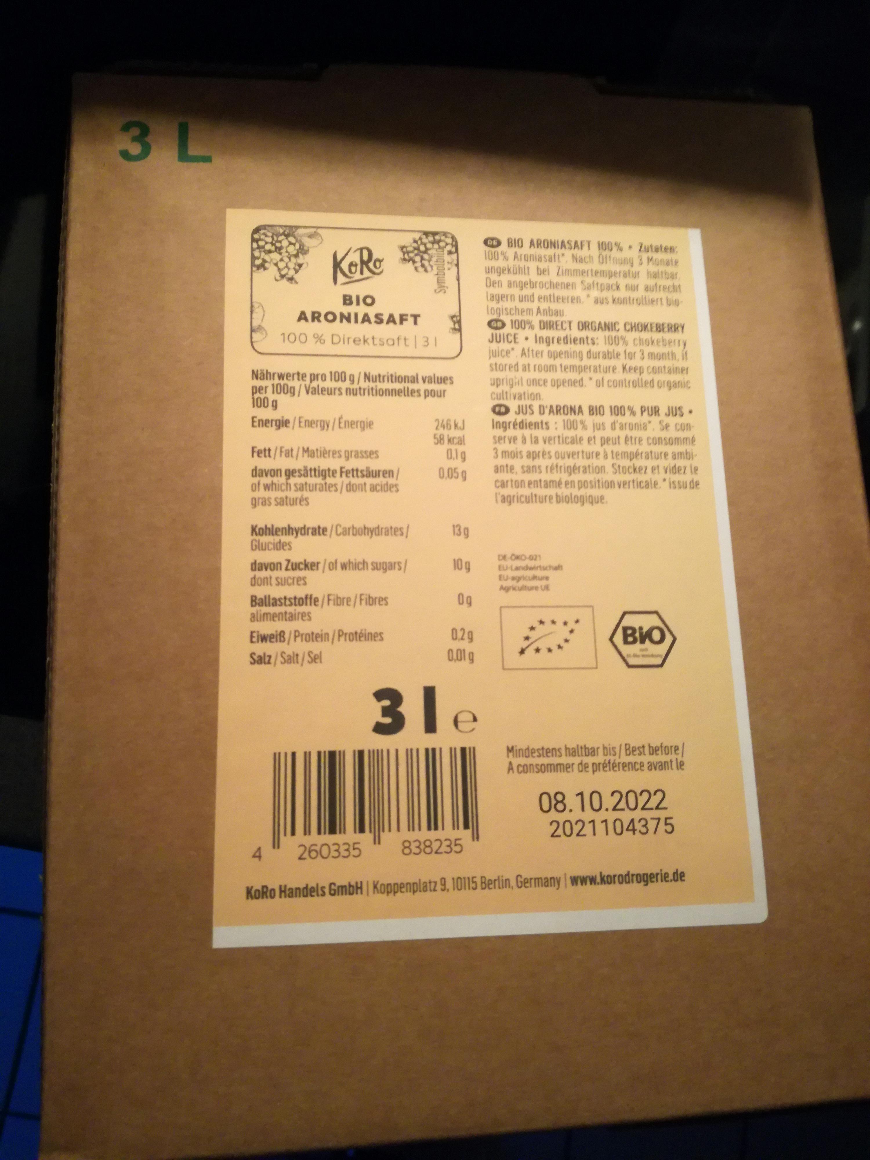 l' arrière d' une boîte de jus d' aroma bio 3l