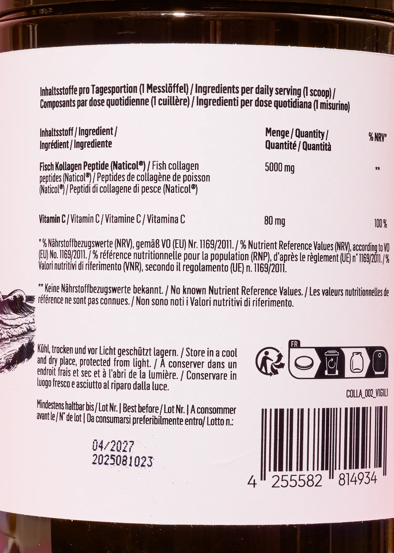 a product label displays nutritional information for fish collagen peptides and vitamin c, storage instructions, a best before date of 04/2027, and a barcode.